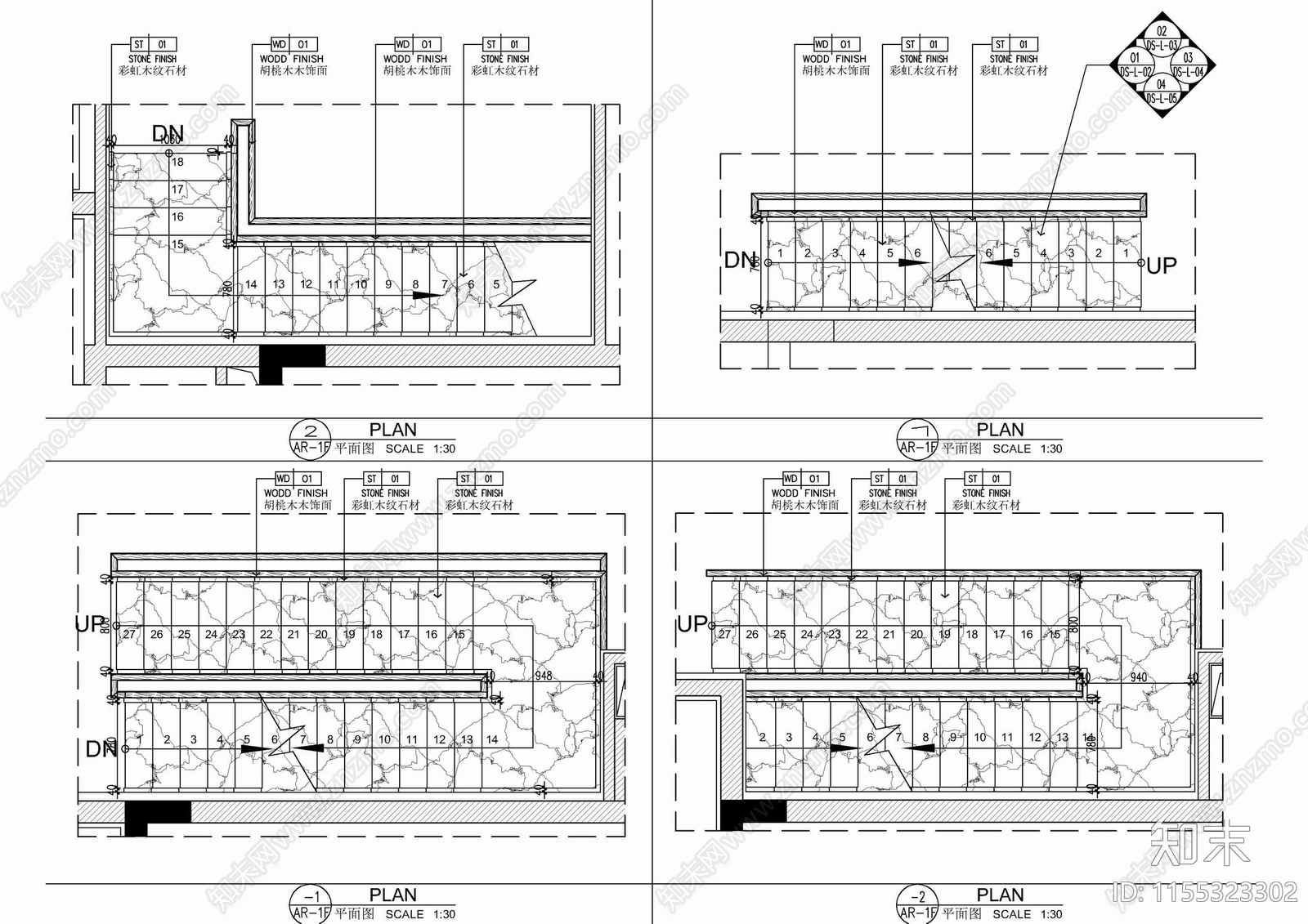 四层别墅楼梯梯步扶手栏杆施工详图施工图下载【ID:1155323302】