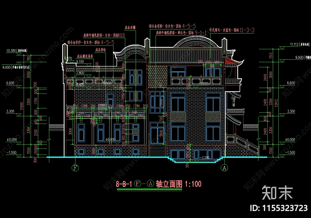 仿古建筑联排别墅图cad施工图下载【ID:1155323723】