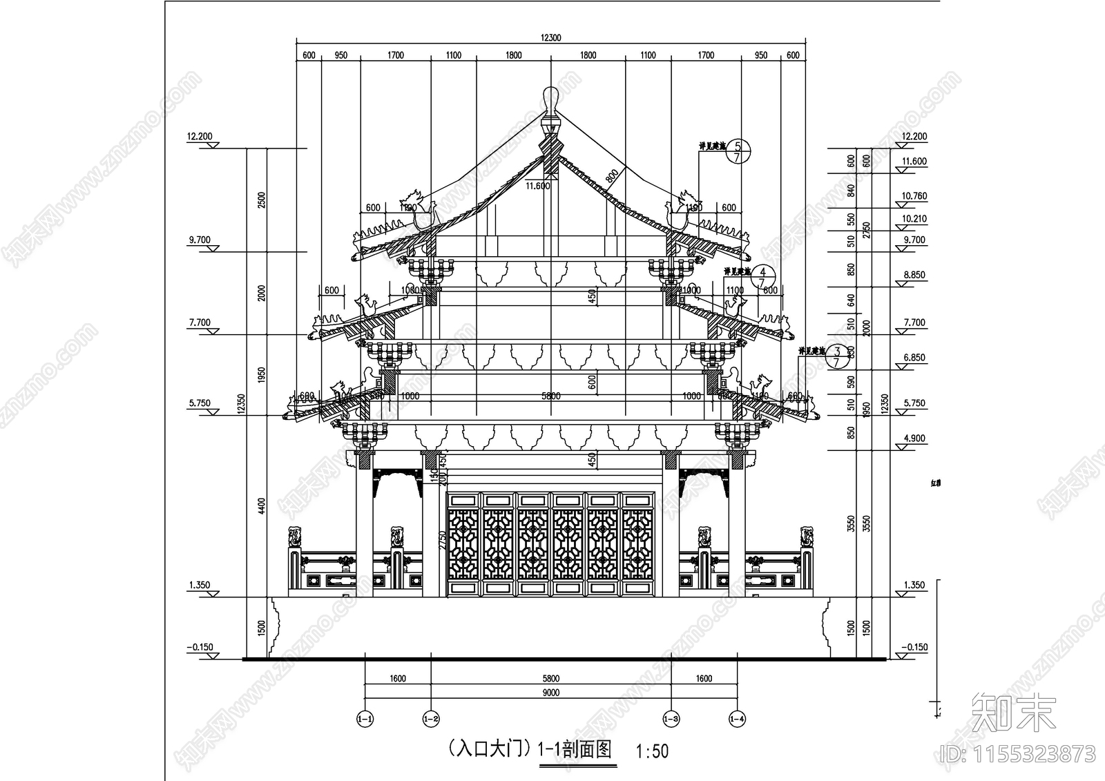 景区入口大殿大门仿古建筑图施工图下载【ID:1155323873】