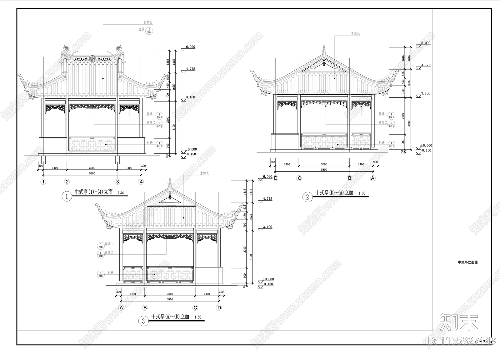 中式亭cad施工图下载【ID:1155327149】