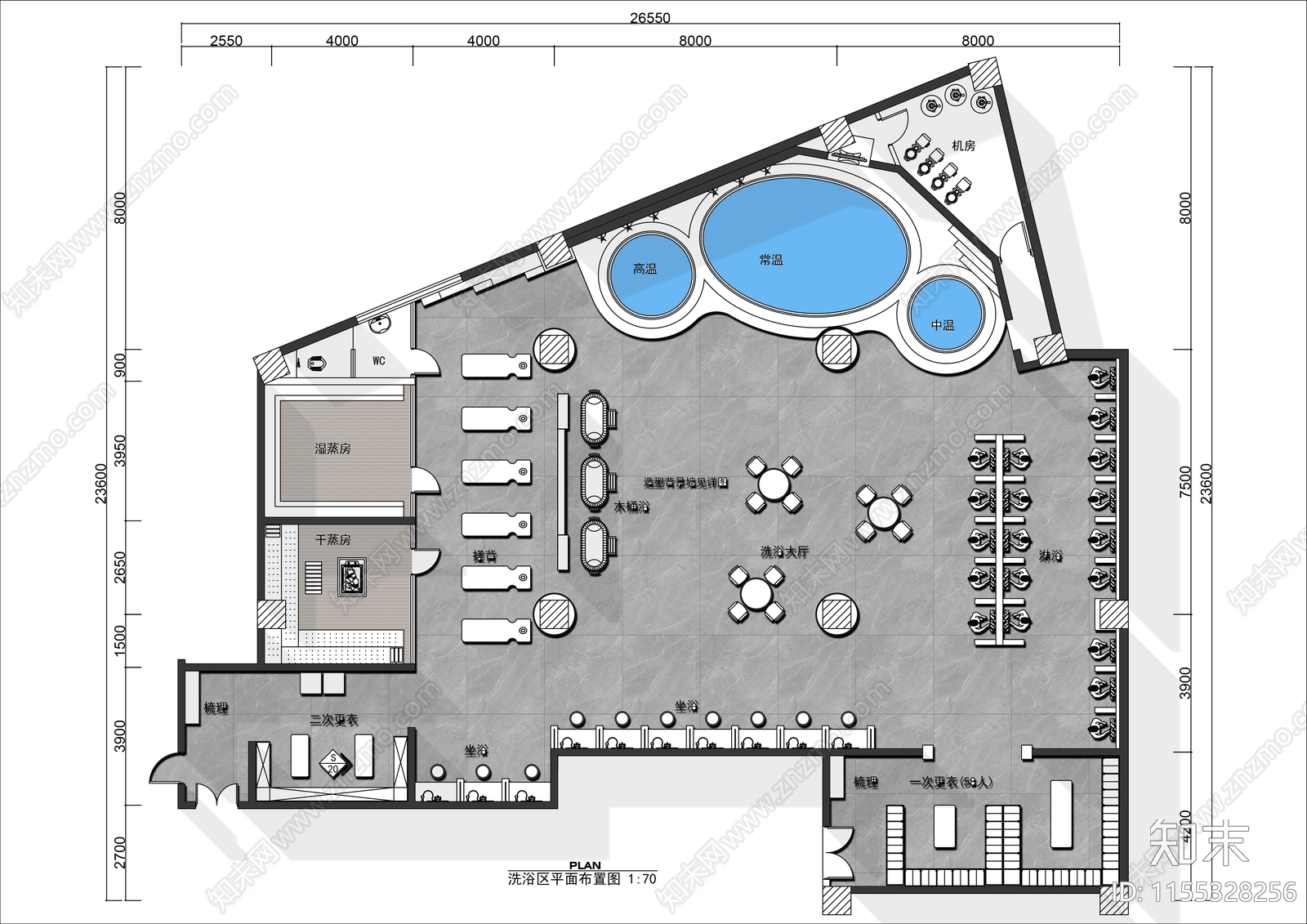 400㎡公共浴池平面布置图长投影插件施工图下载【ID:1155328256】
