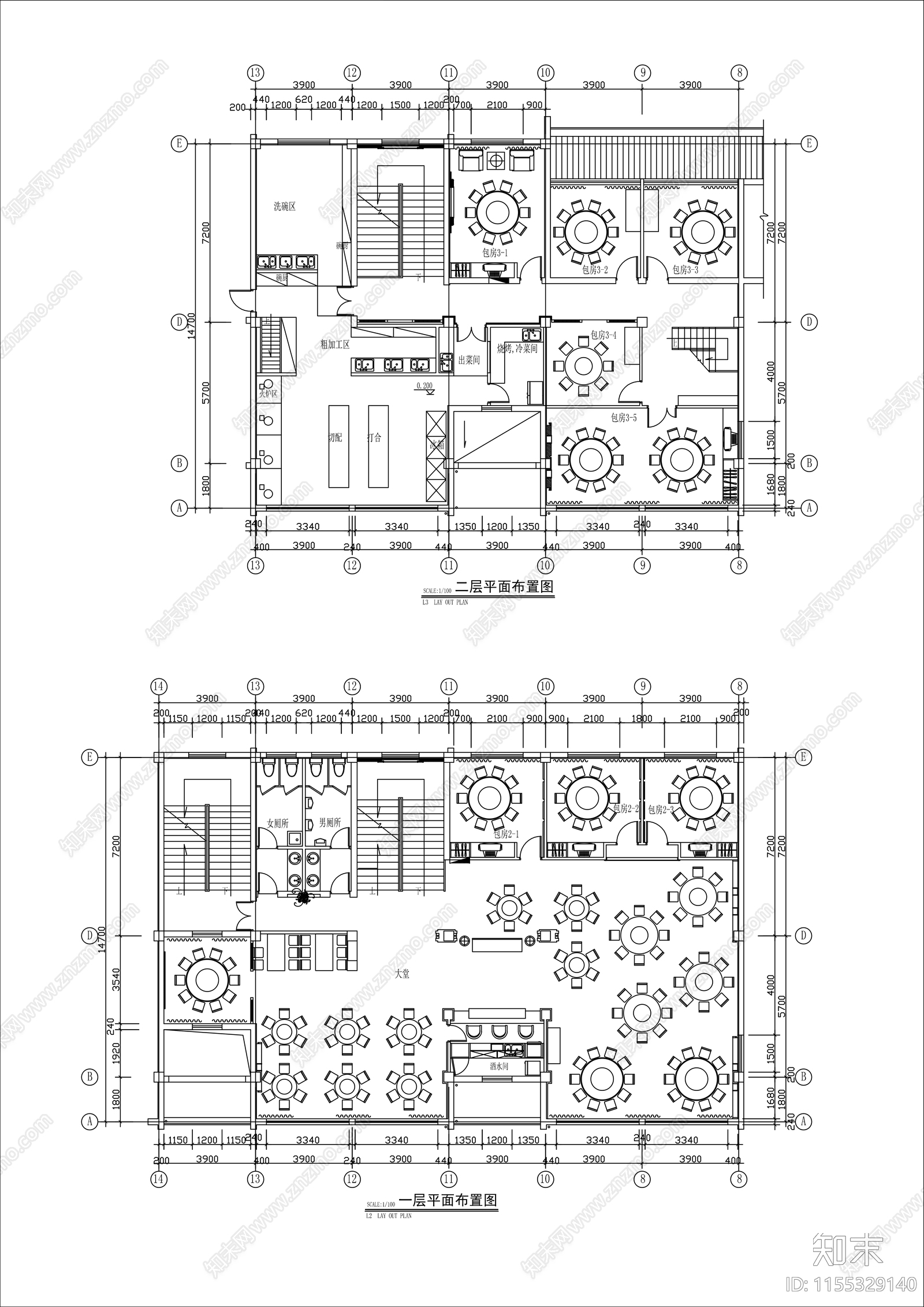 600㎡两层中式私房菜餐厅平面布置图cad施工图下载【ID:1155329140】