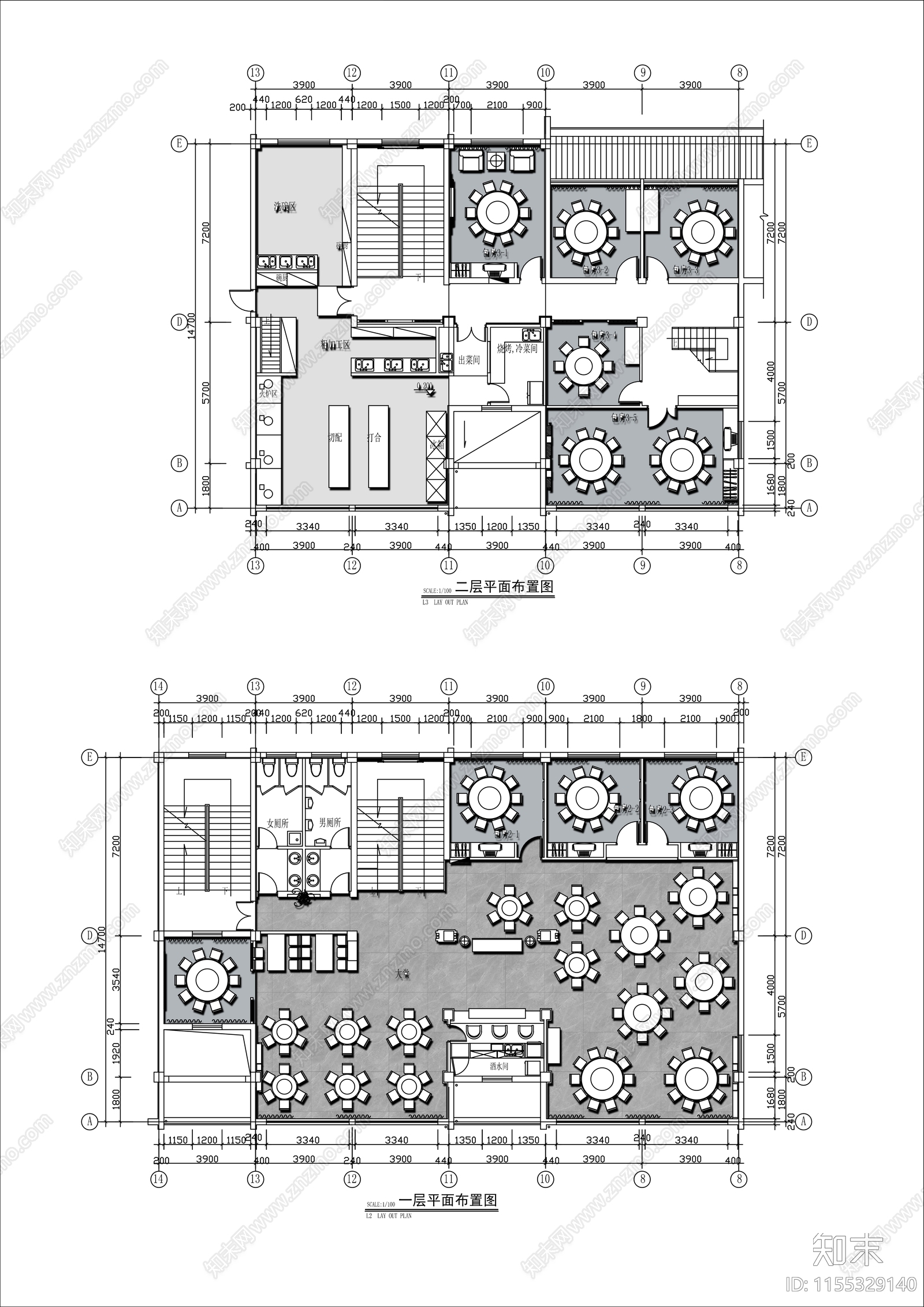 600㎡两层中式私房菜餐厅平面布置图cad施工图下载【ID:1155329140】