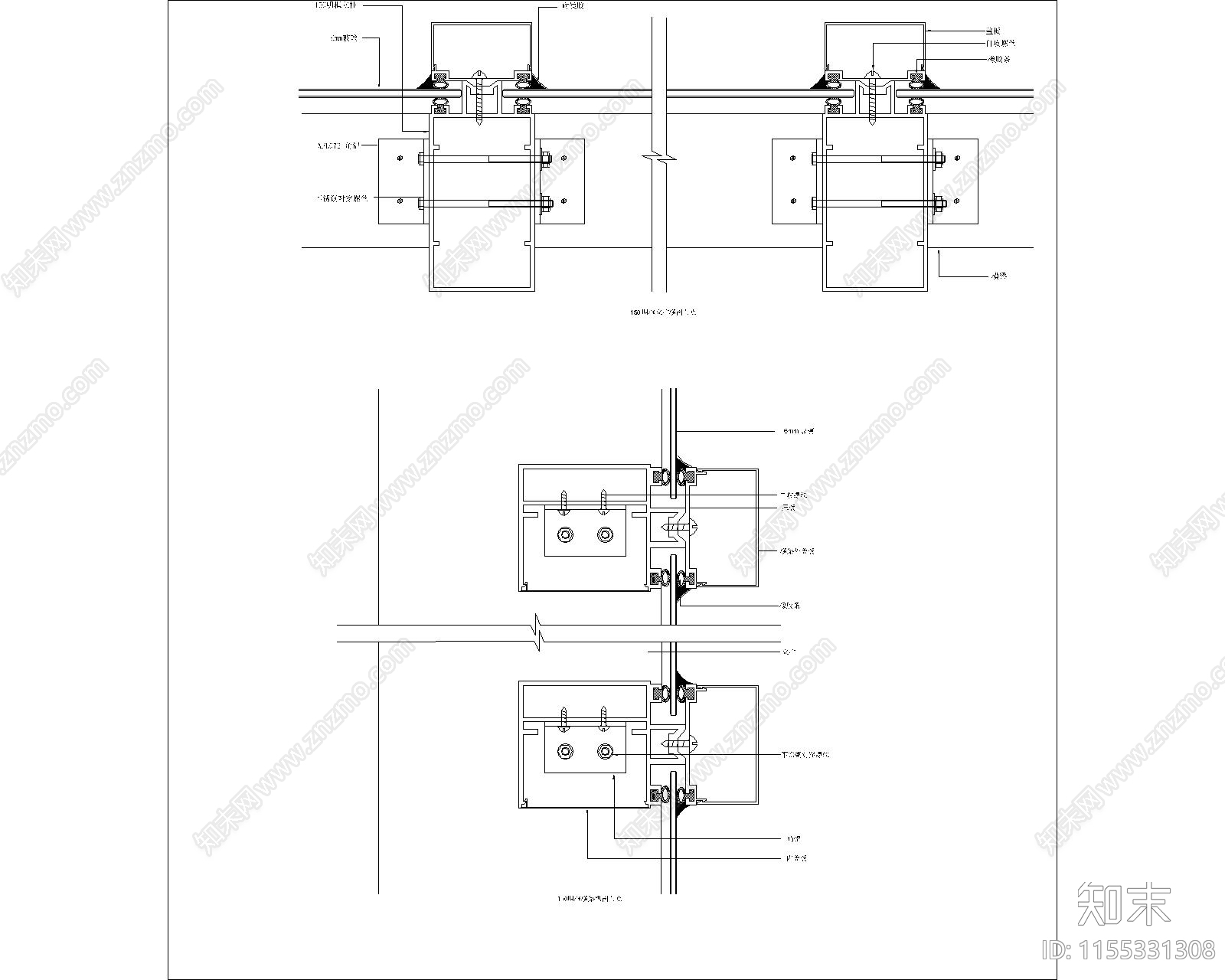 型隐框幕墙及铝塑板幕墙节点大样图施工图下载【ID:1155331308】