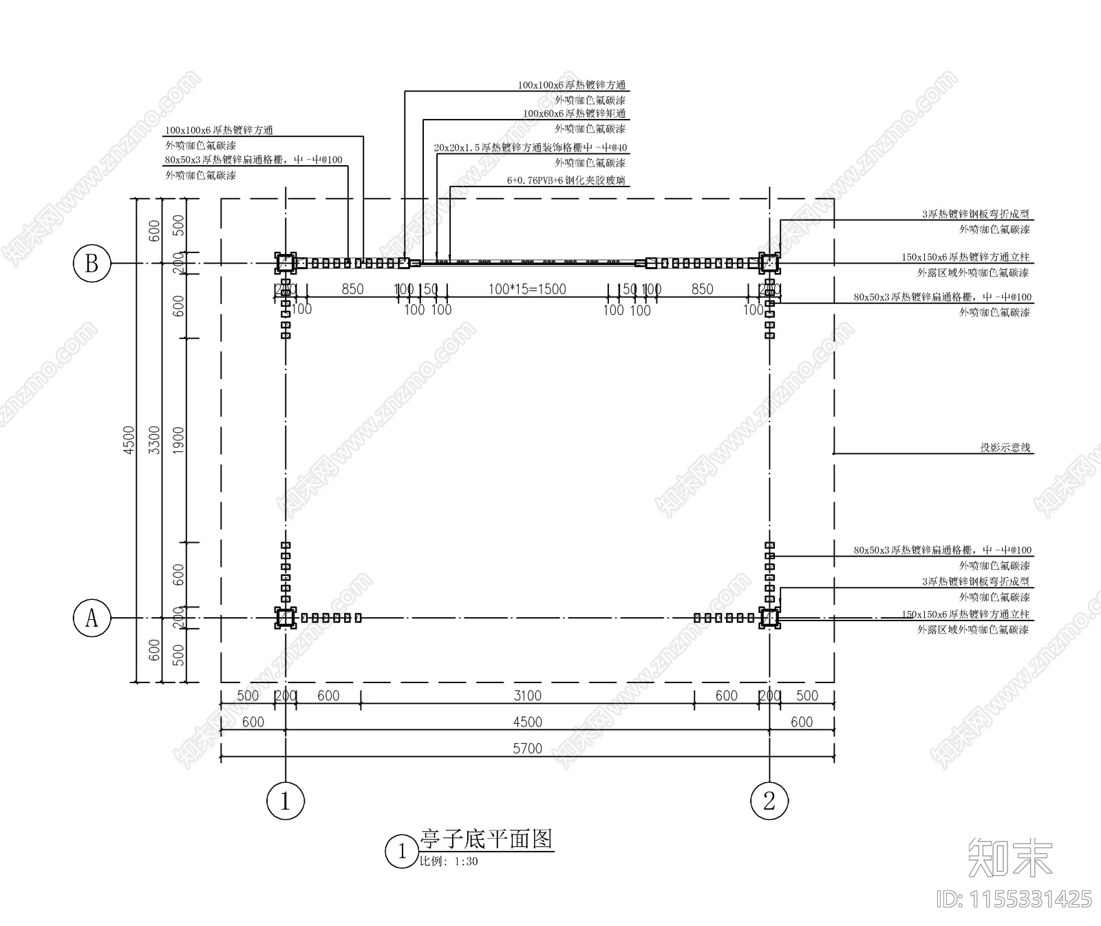 新中式景观钢结构铝板亭子大样详图cad施工图下载【ID:1155331425】