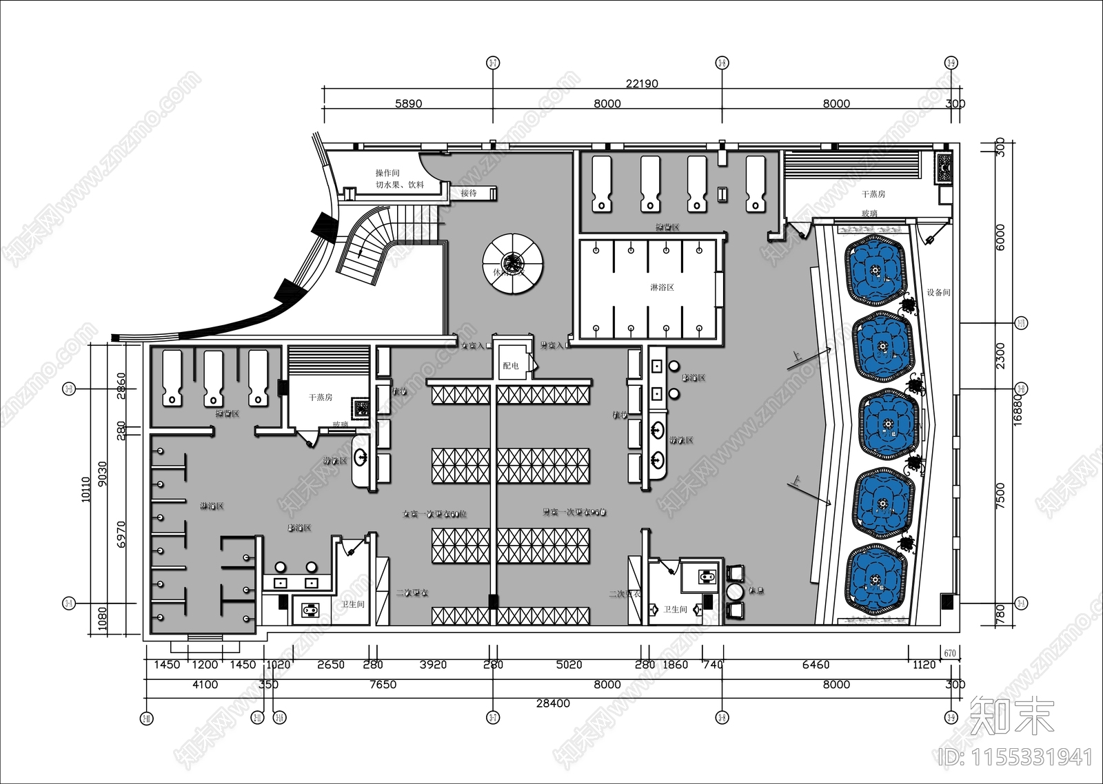 400㎡洗浴中心SPA水疗会所平面布置图施工图下载【ID:1155331941】