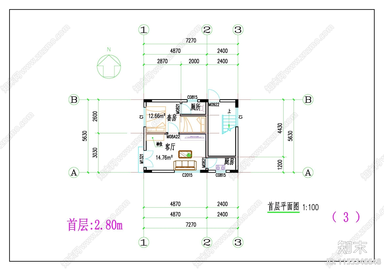 自建房室内平面图cad施工图下载【ID:1155346648】