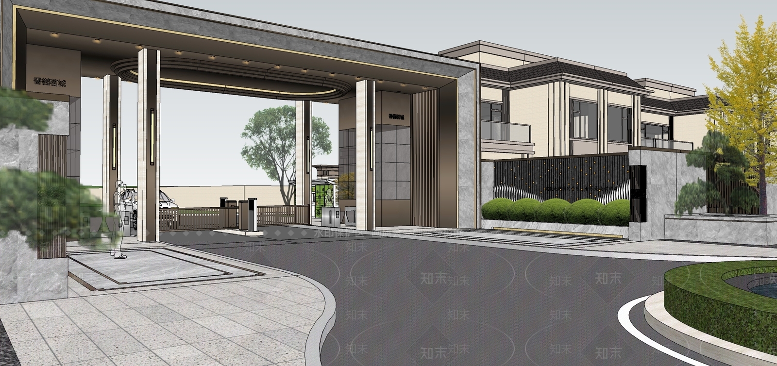 现代风格小区入口大门SU模型下载【ID:1155347974】