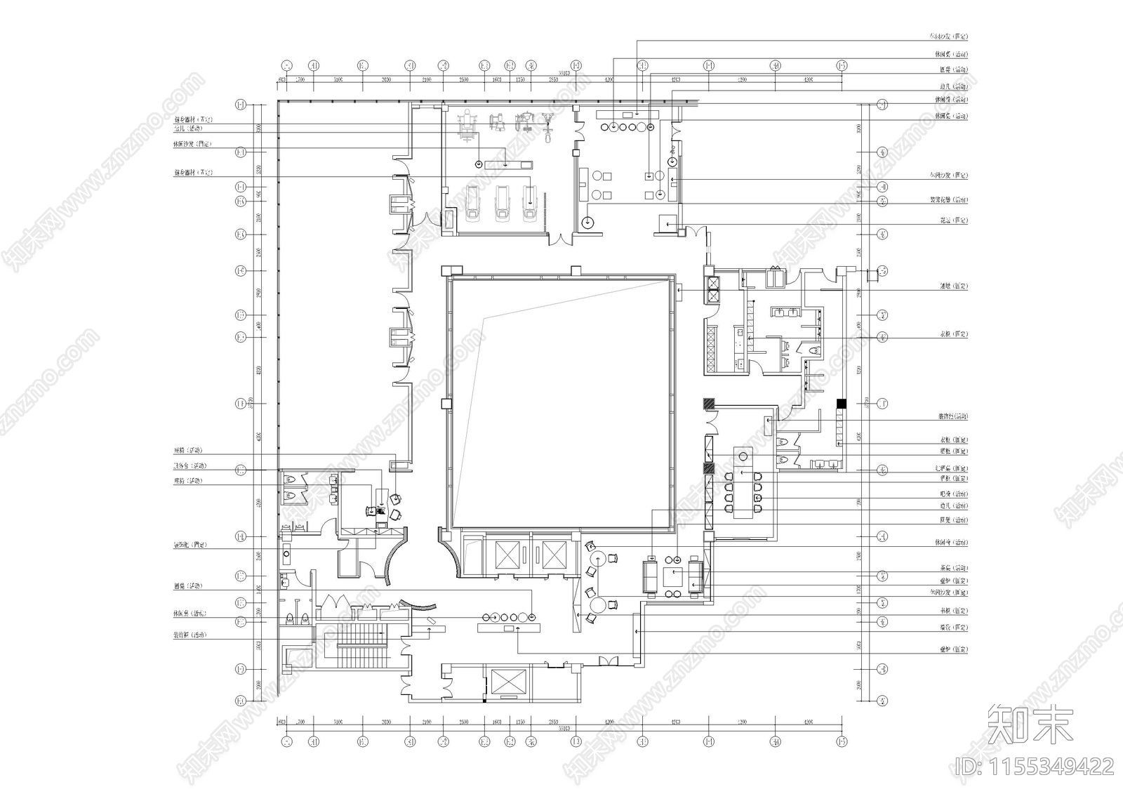 健身休闲室内cad施工图下载【ID:1155349422】