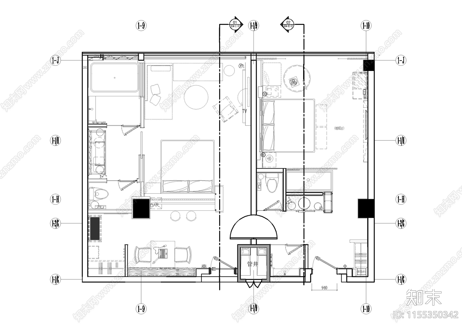 两套杭州民宿客房室内cad施工图下载【ID:1155350342】