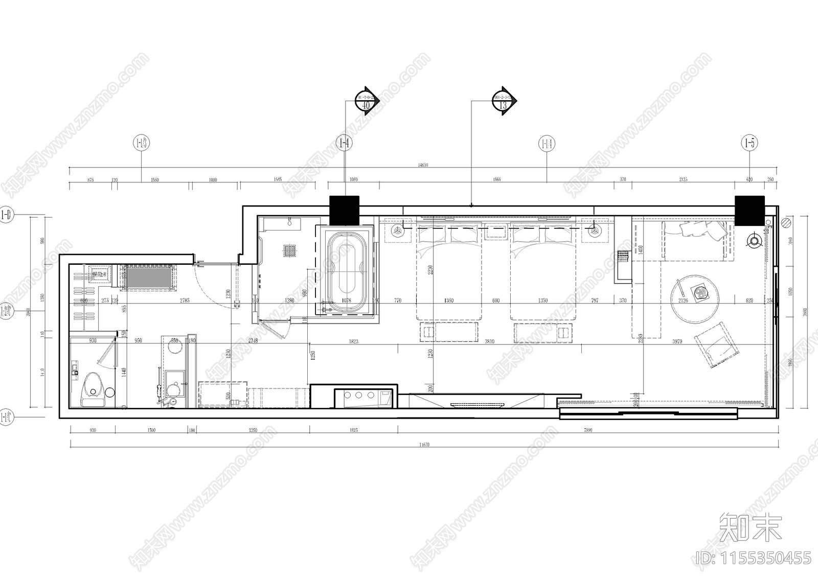 杭州民宿双床客房室内cad施工图下载【ID:1155350455】