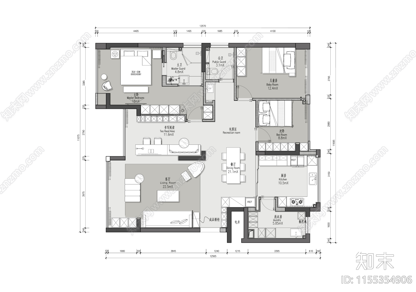 145㎡户型室内家装平面图cad施工图下载【ID:1155354906】