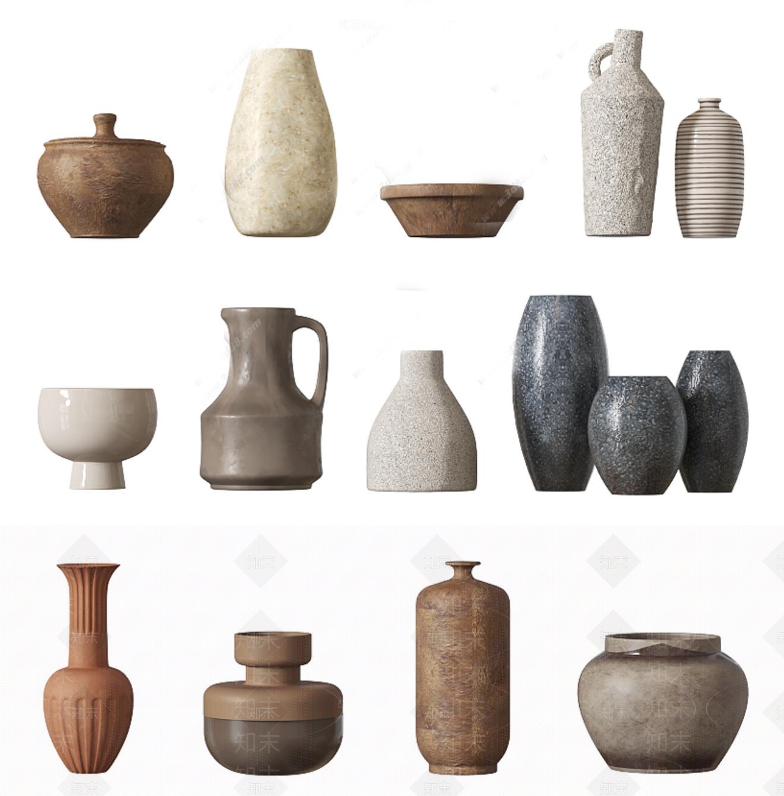 侘寂陶瓷器皿摆件SU模型下载【ID:1155355912】