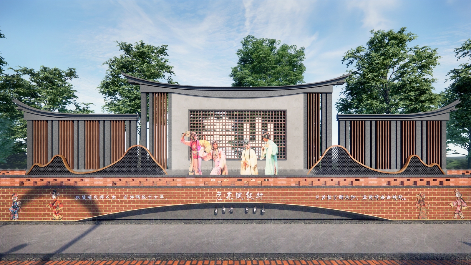 新中式红砖艺术文化村民广场SU模型下载【ID:1155367872】