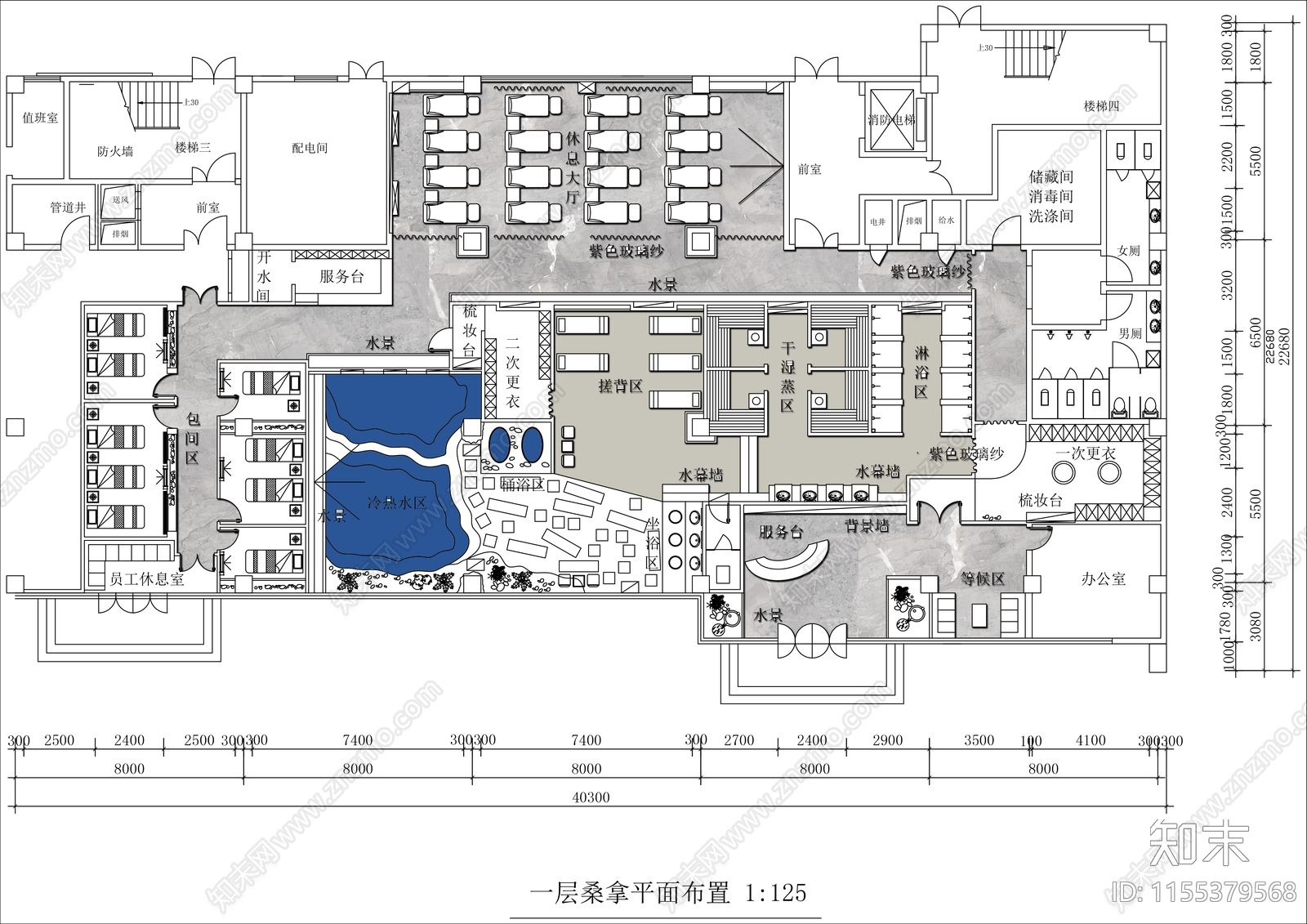 700㎡桑拿洗浴中心平面布置图施工图下载【ID:1155379568】