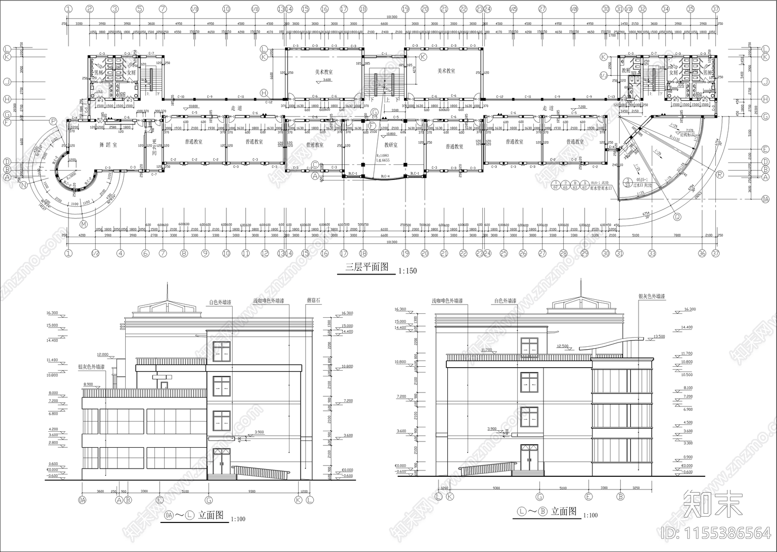 学校教学楼建筑cad施工图下载【ID:1155386564】