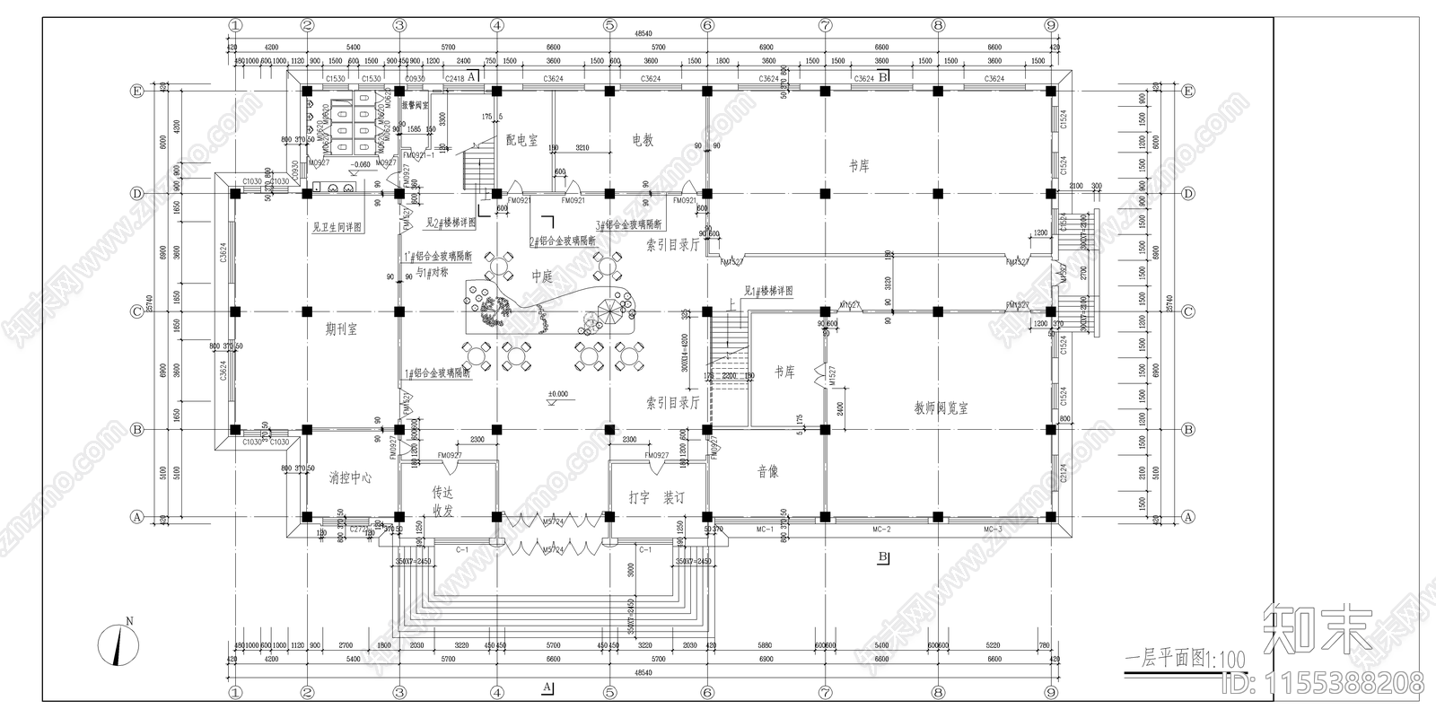 学校图书馆建筑cad施工图下载【ID:1155388208】