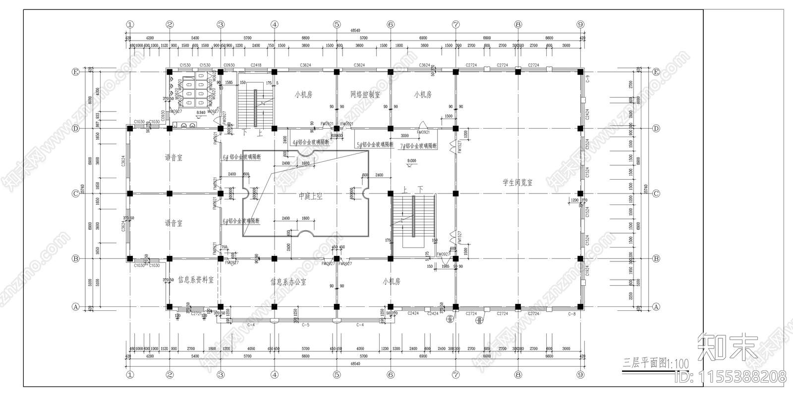 学校图书馆建筑cad施工图下载【ID:1155388208】