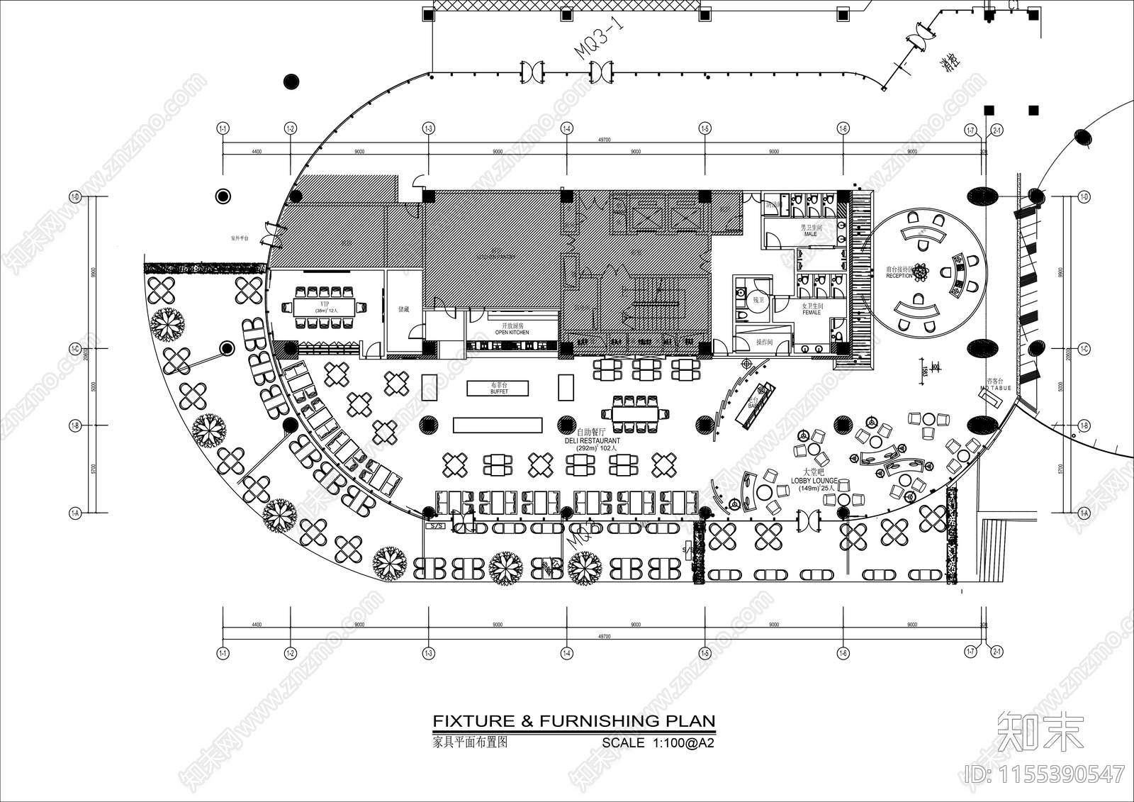 1000㎡高档自助餐厅室内平面布置图cad施工图下载【ID:1155390547】