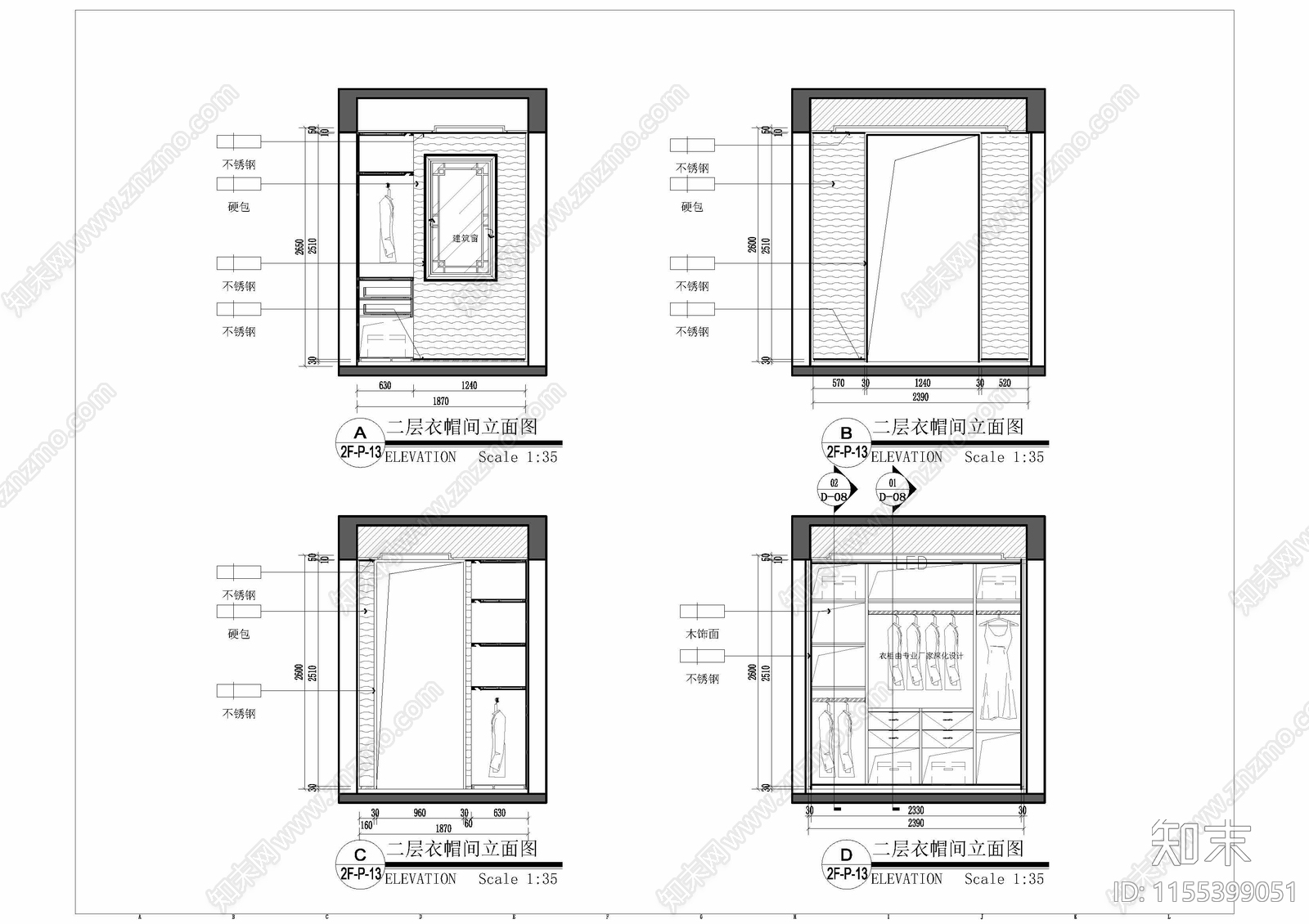 新中式女孩卧室衣帽间平面立施工图下载【ID:1155399051】