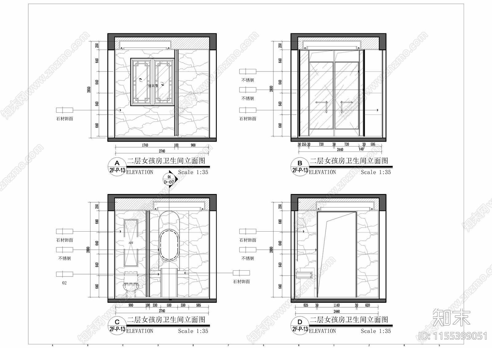 新中式女孩卧室衣帽间平面立施工图下载【ID:1155399051】