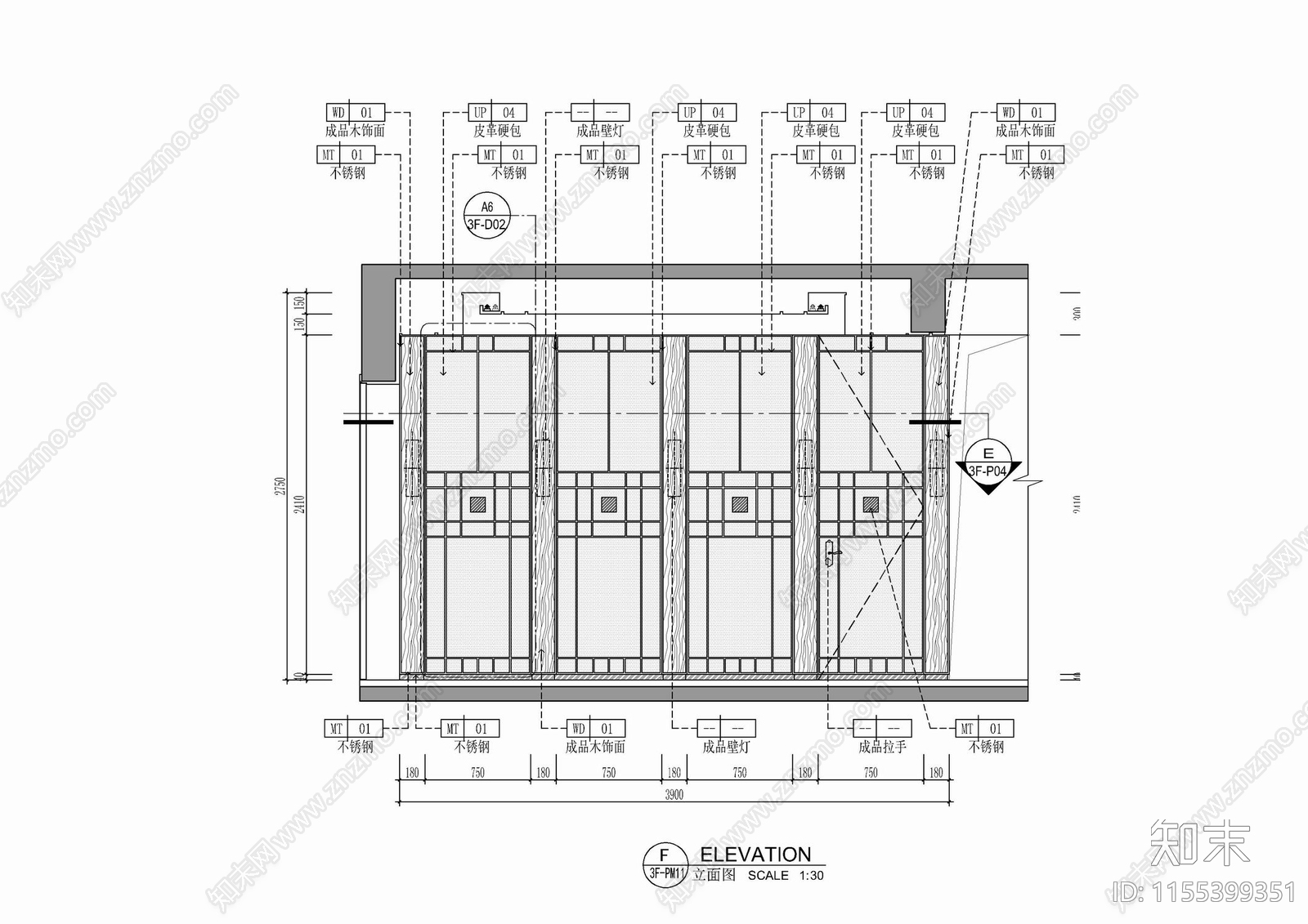 皮革硬包木饰面背景墙剖面大样详图cad施工图下载【ID:1155399351】