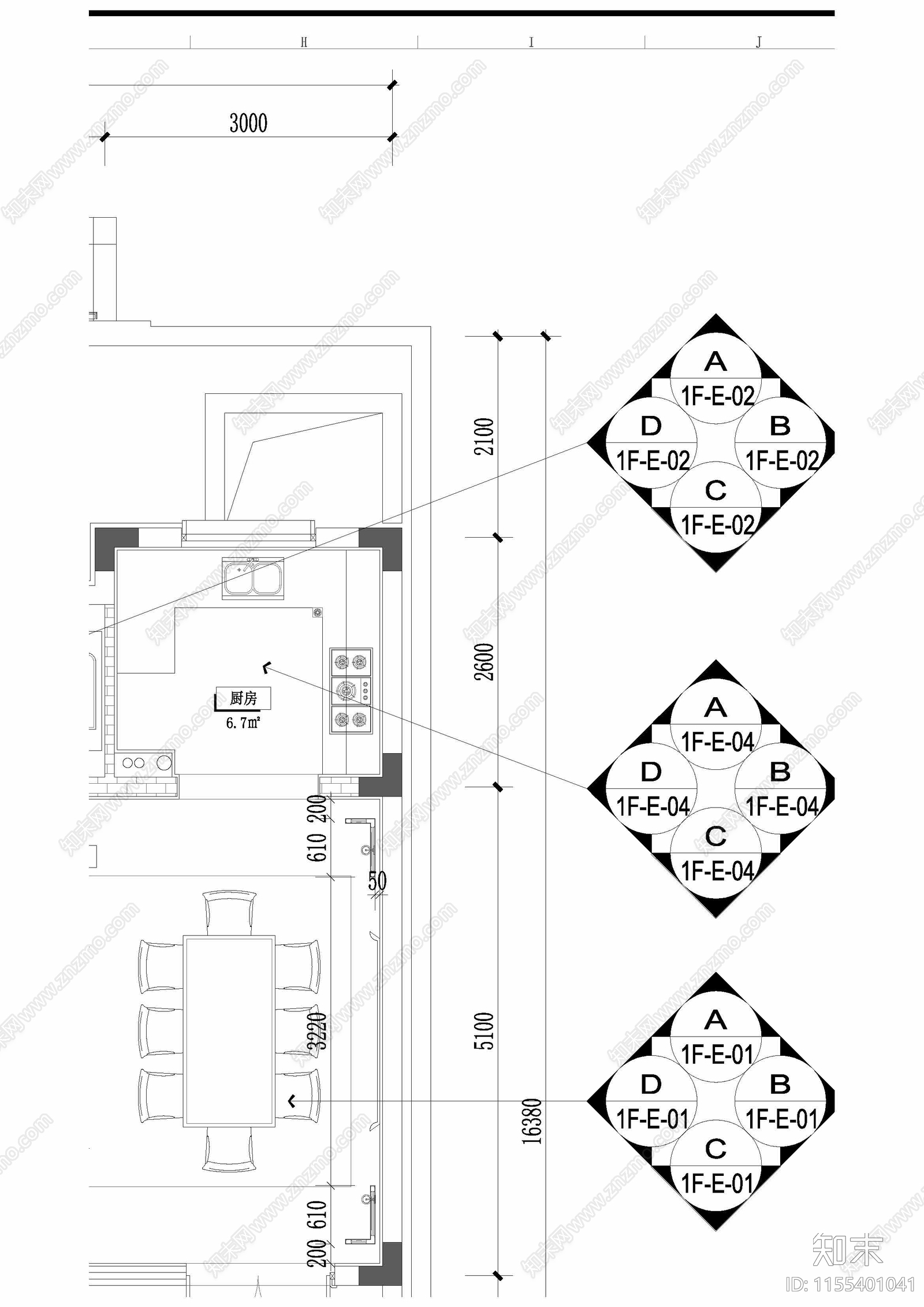 新中式厨房橱柜平立面图施工图下载【ID:1155401041】