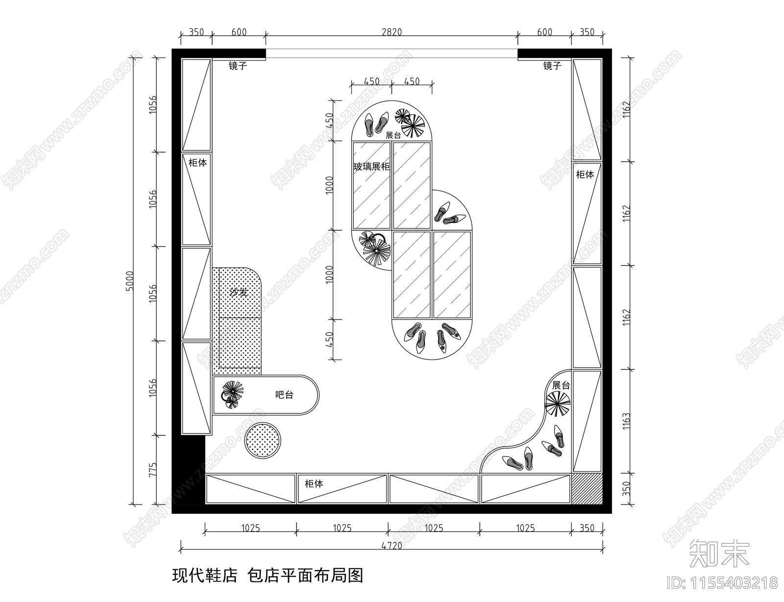 现代鞋店布局图施工图下载【ID:1155403218】
