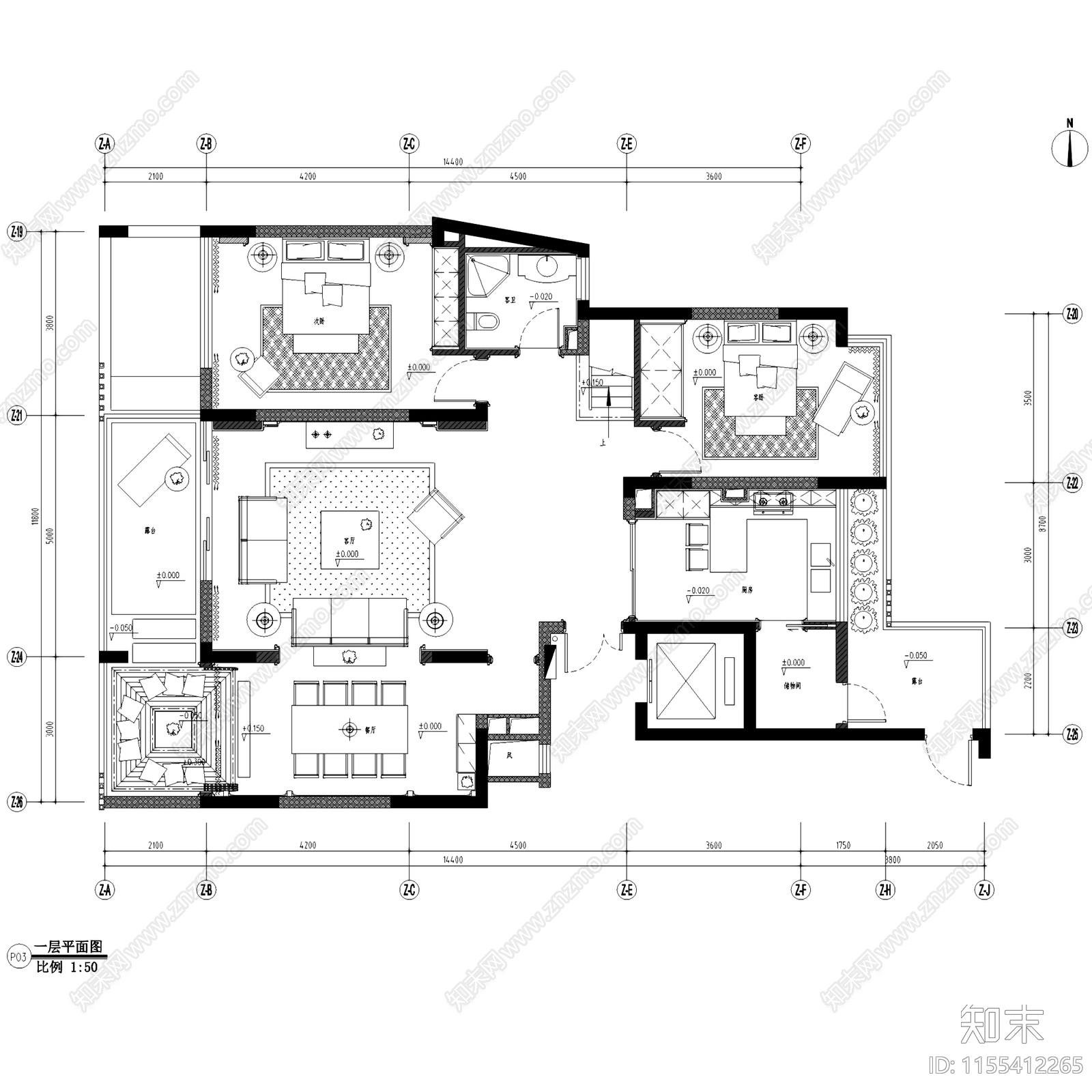 简欧义乌天元滨江国际挑空二层别墅室内家装cad施工图下载【ID:1155412265】