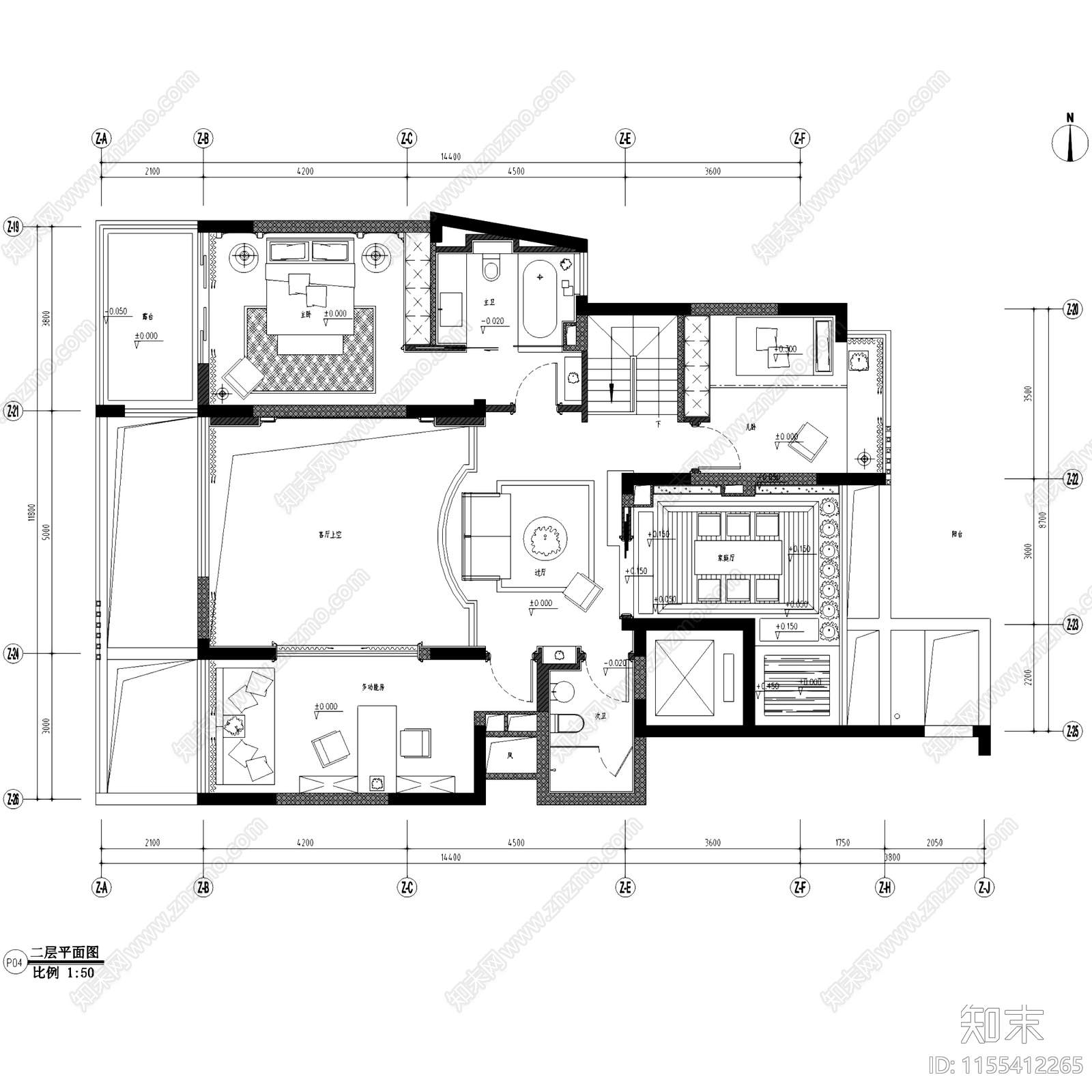 简欧义乌天元滨江国际挑空二层别墅室内家装cad施工图下载【ID:1155412265】