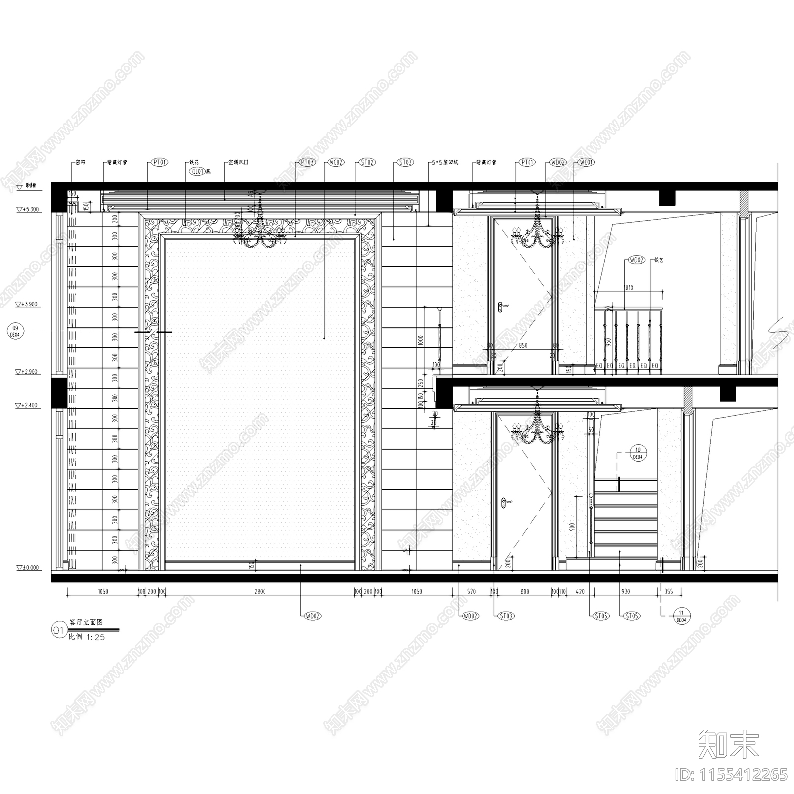 简欧义乌天元滨江国际挑空二层别墅室内家装cad施工图下载【ID:1155412265】