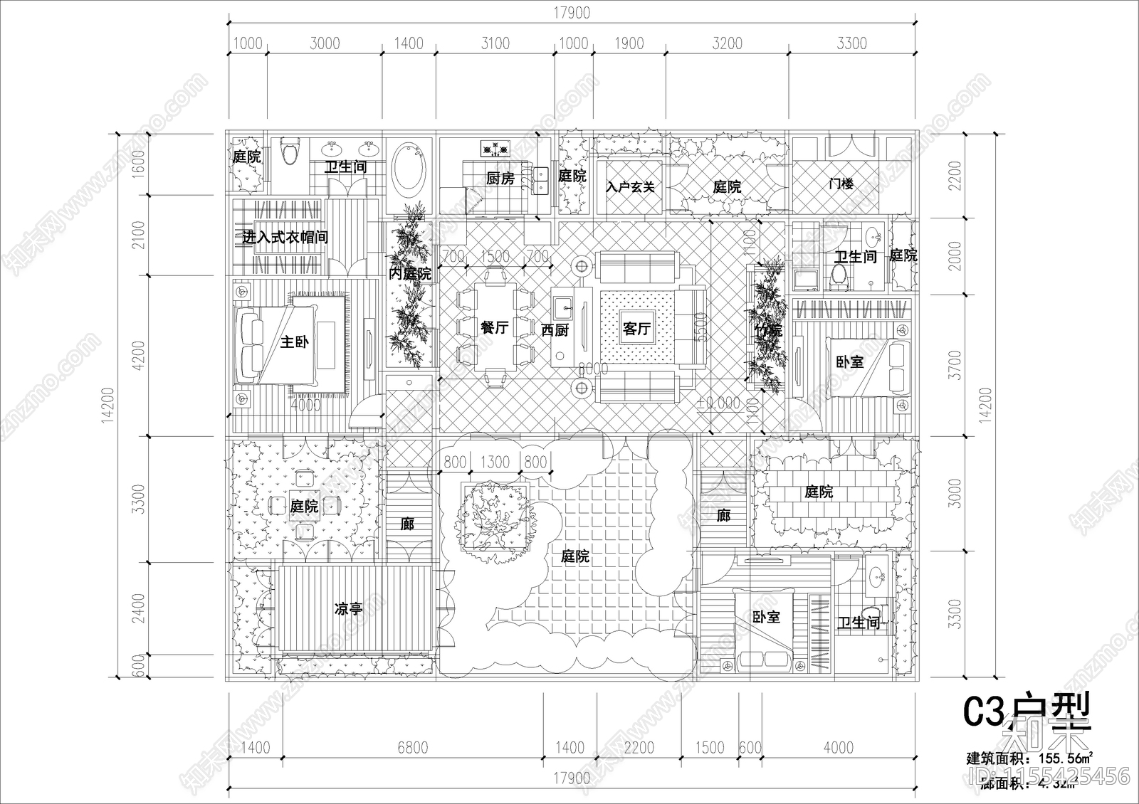 单层合院建筑图纸施工图下载【ID:1155425456】