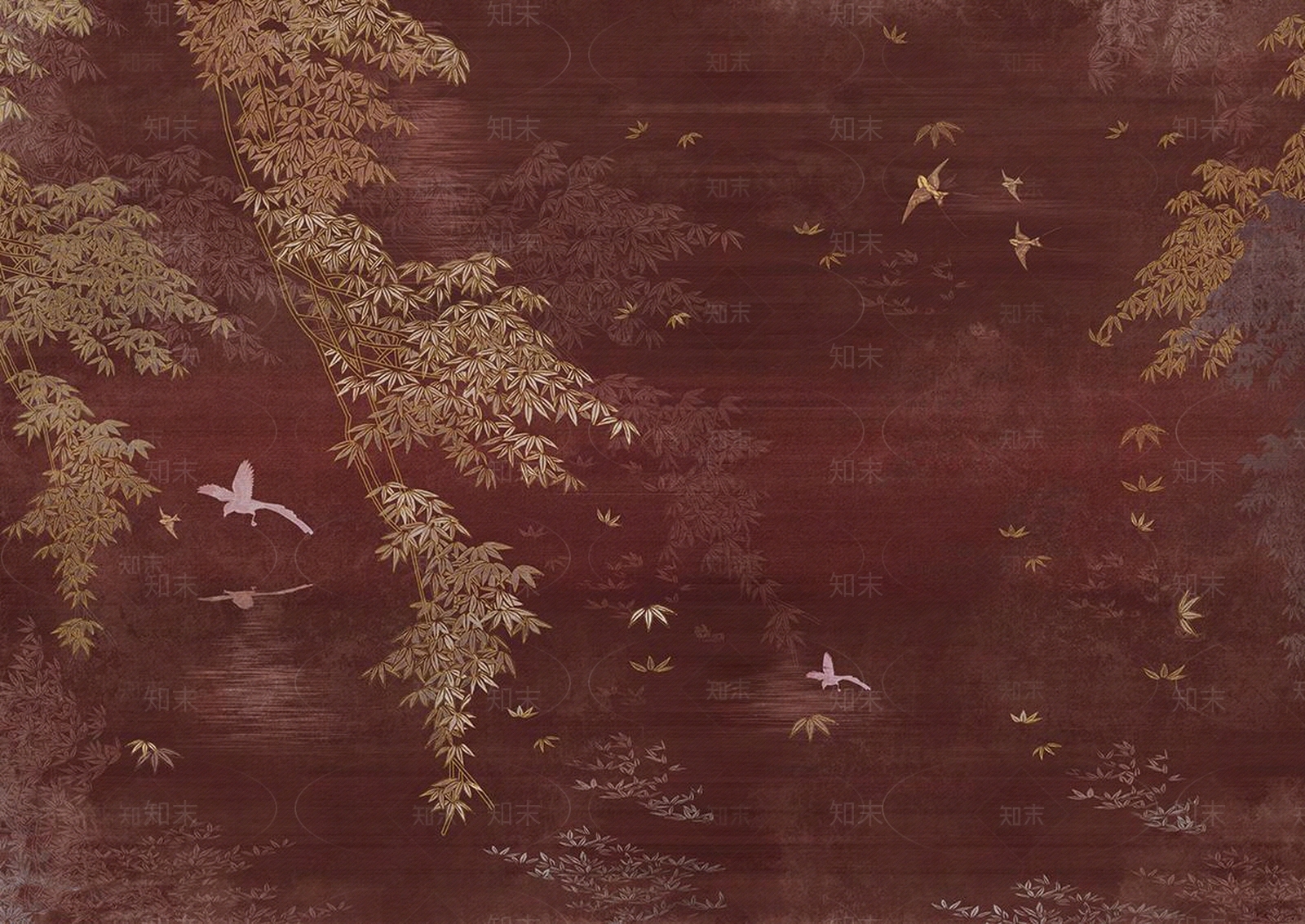 红色新中式壁布壁画贴图下载【ID:1155458095】