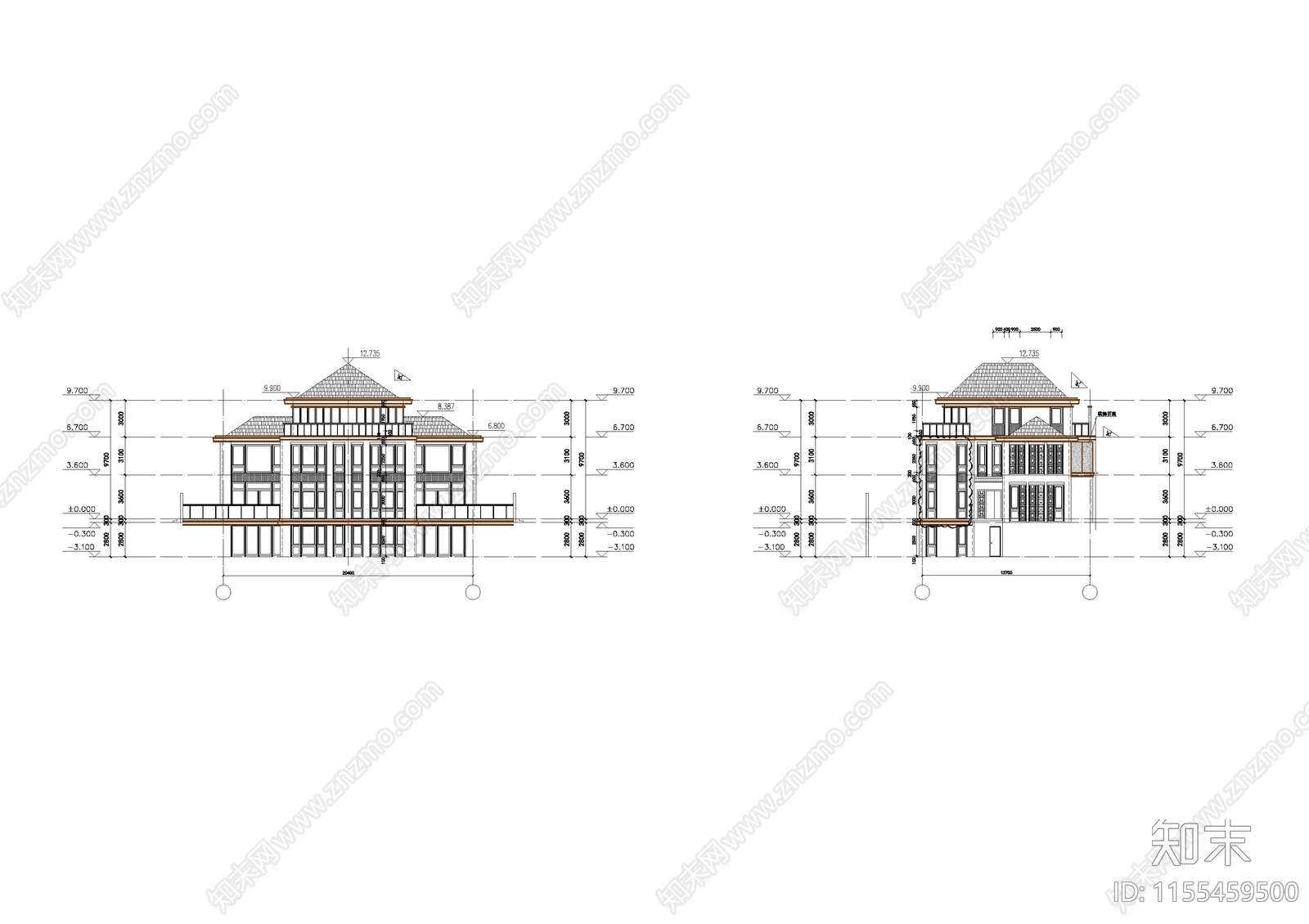 别墅建筑cad施工图下载【ID:1155459500】