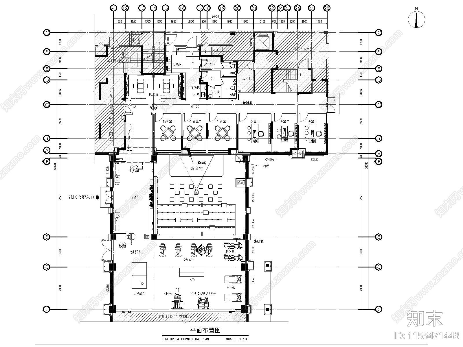 社区会所健身房茶室棋牌室cad施工图下载【ID:1155471443】