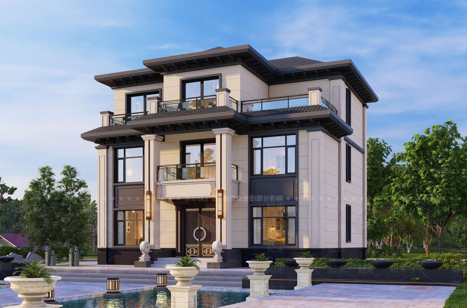 新中式别墅外观3D模型下载【ID:1155495968】