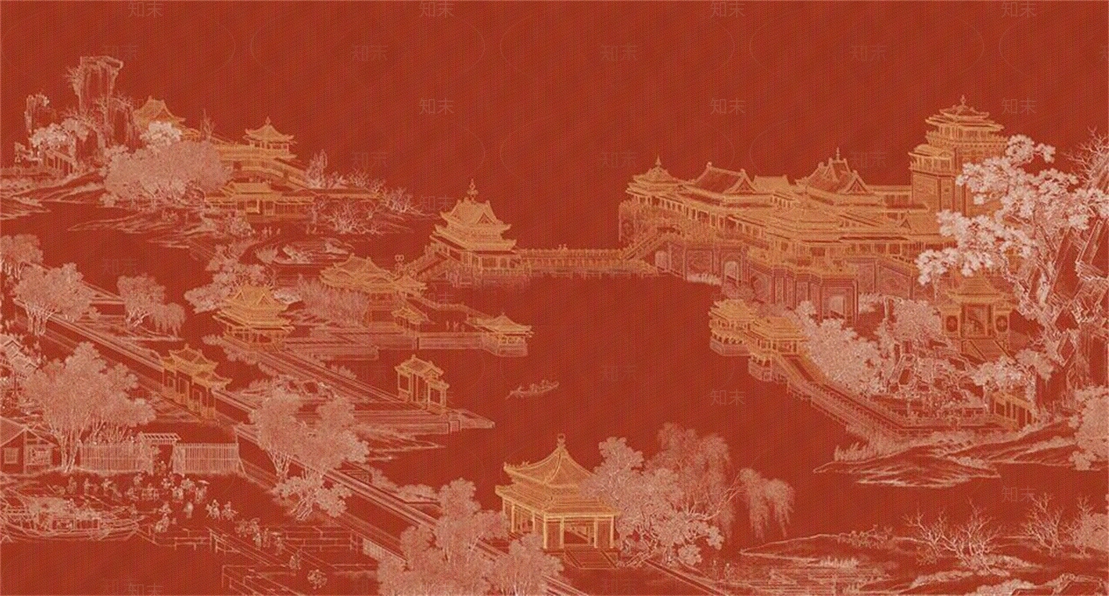 红色新中式山水壁纸壁画贴图下载【ID:1155510351】