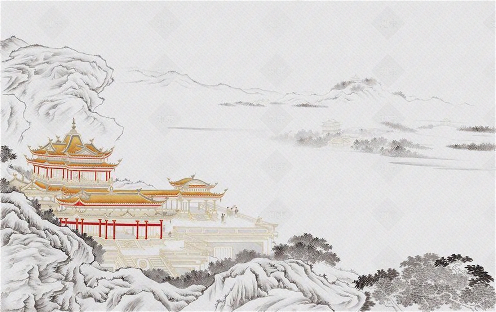 新中式古建筑壁纸壁画贴图下载【ID:1155510748】