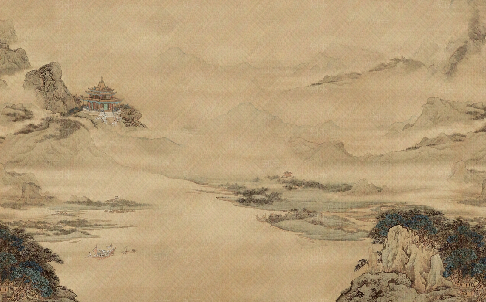 复古新中式山水壁纸壁画贴图下载【ID:1155510808】