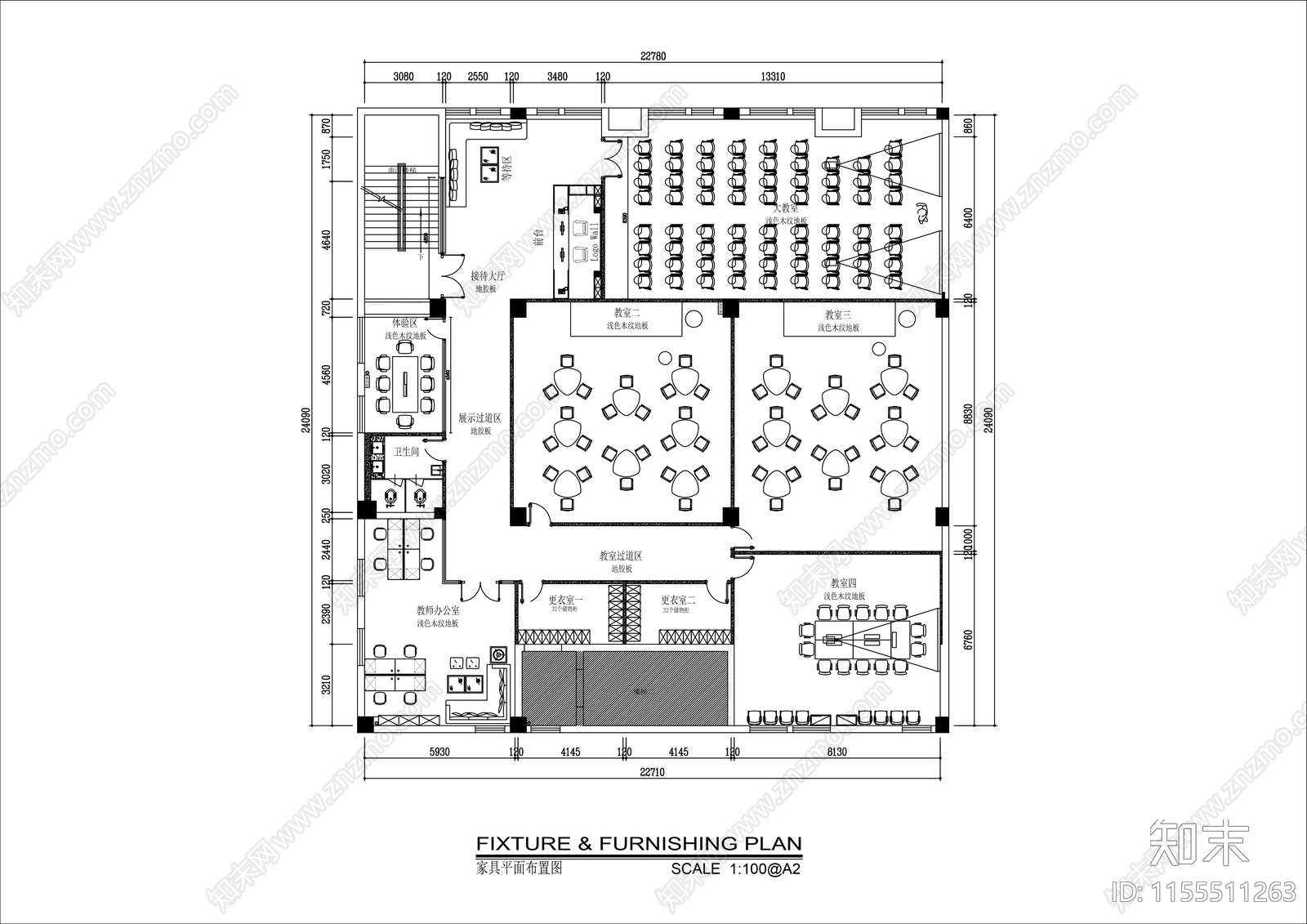 500㎡少儿艺术培训机构平面布置图cad施工图下载【ID:1155511263】