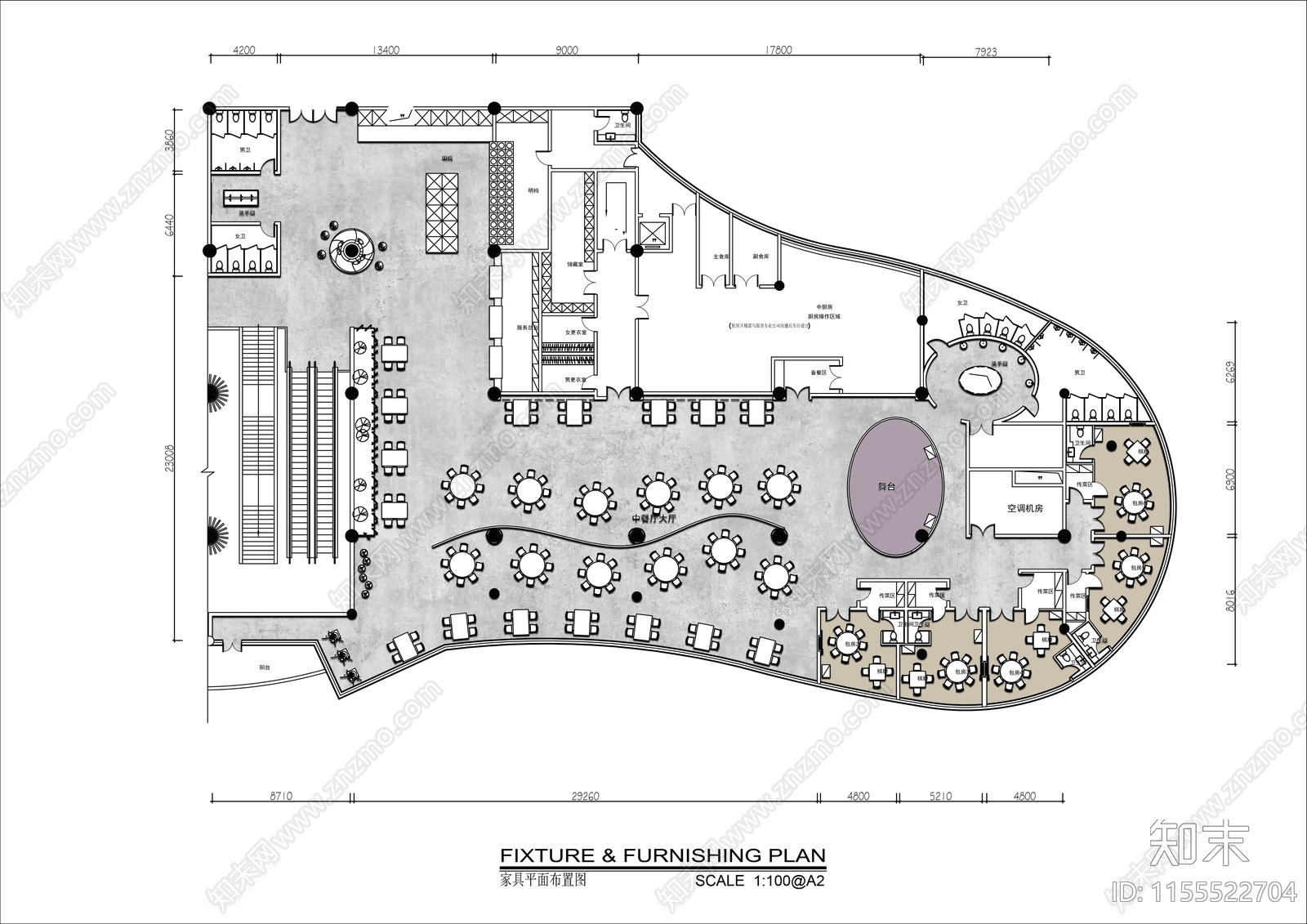 1500㎡演艺中餐厅平面布置图施工图下载【ID:1155522704】