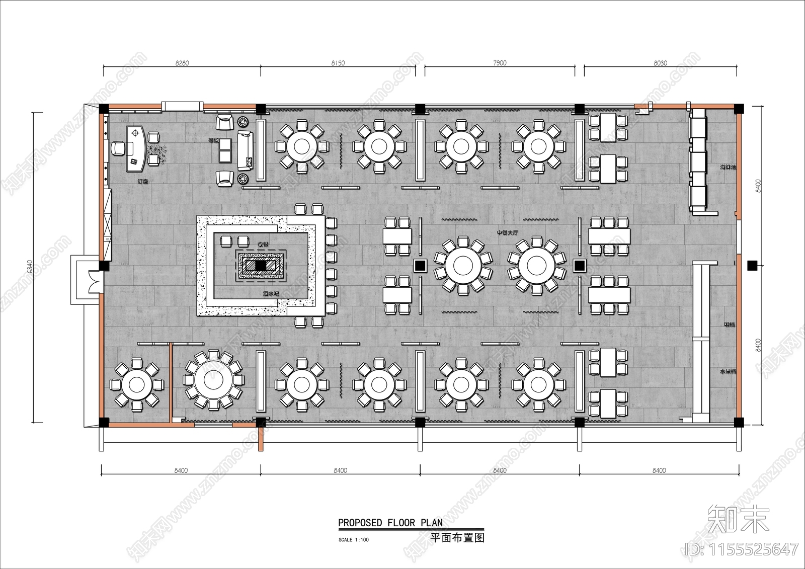 600㎡中式海鲜酒楼平面布置图cad施工图下载【ID:1155525647】