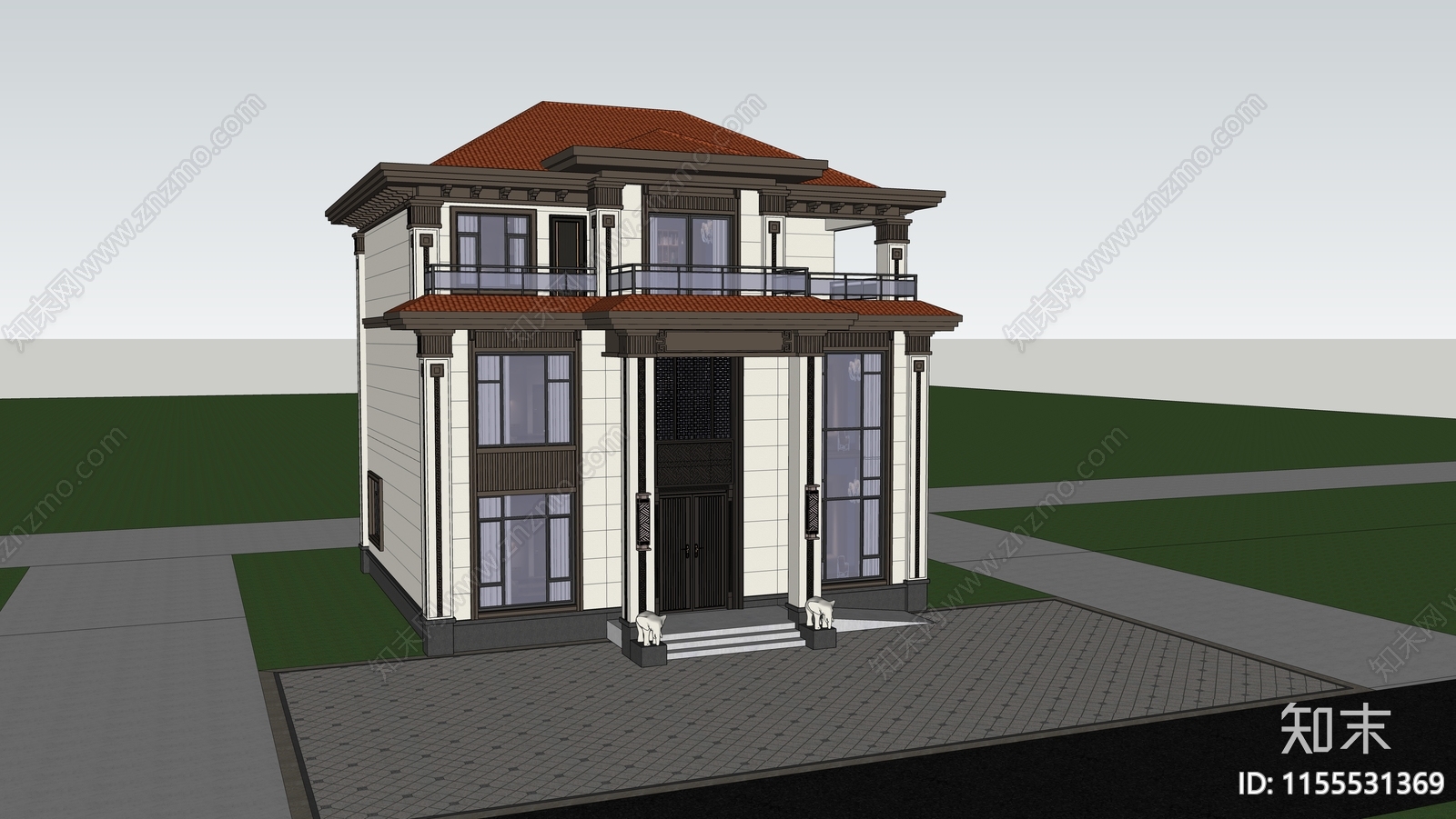 新中式三层独栋别墅SU模型下载【ID:1155531369】