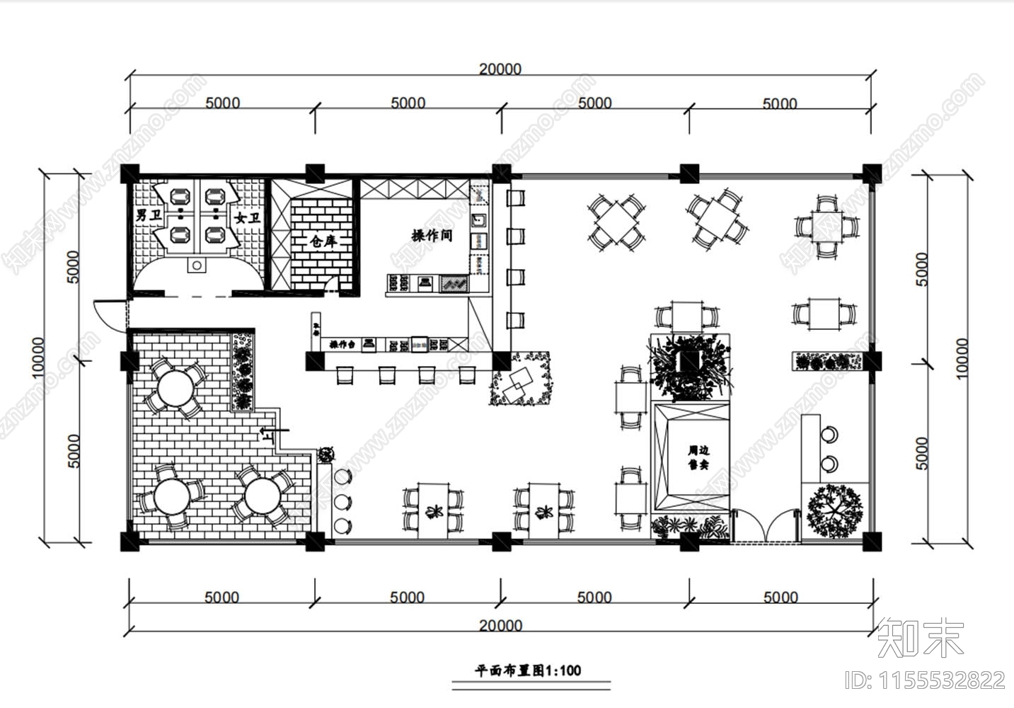 200平米咖啡厅平面图cad施工图下载【ID:1155532822】