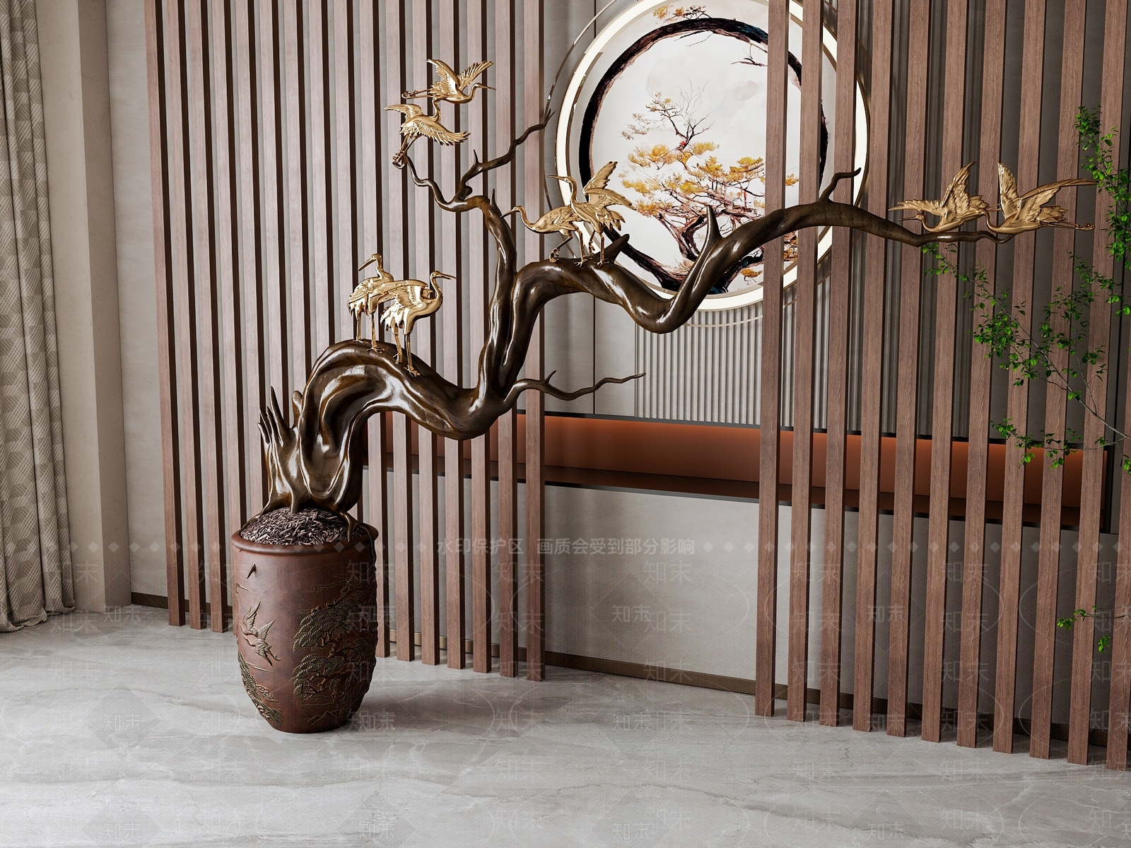 新中式枯树枝盆景雕塑装置SU模型下载【ID:1155534959】