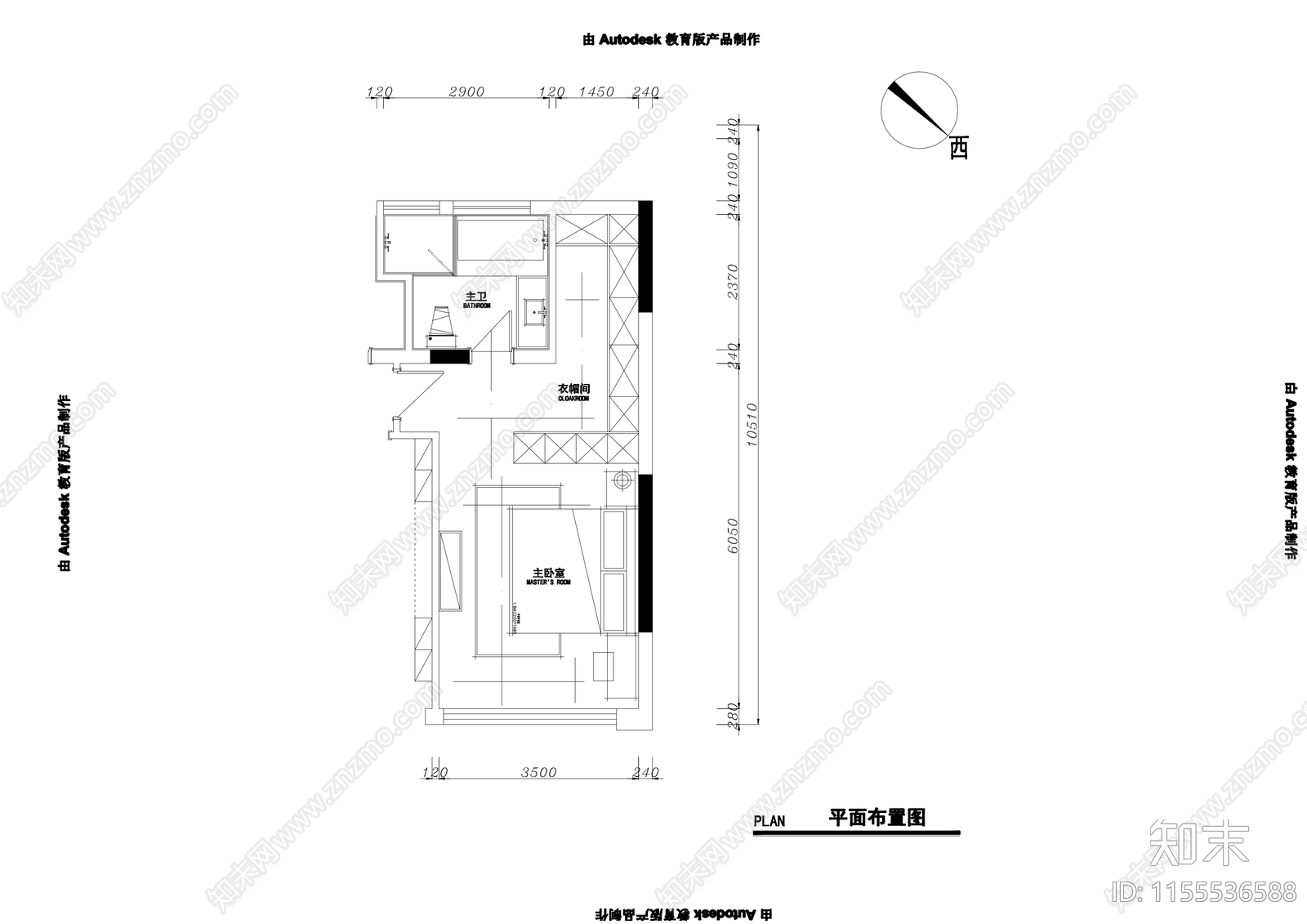 美式乡村卧室cad施工图下载【ID:1155536588】