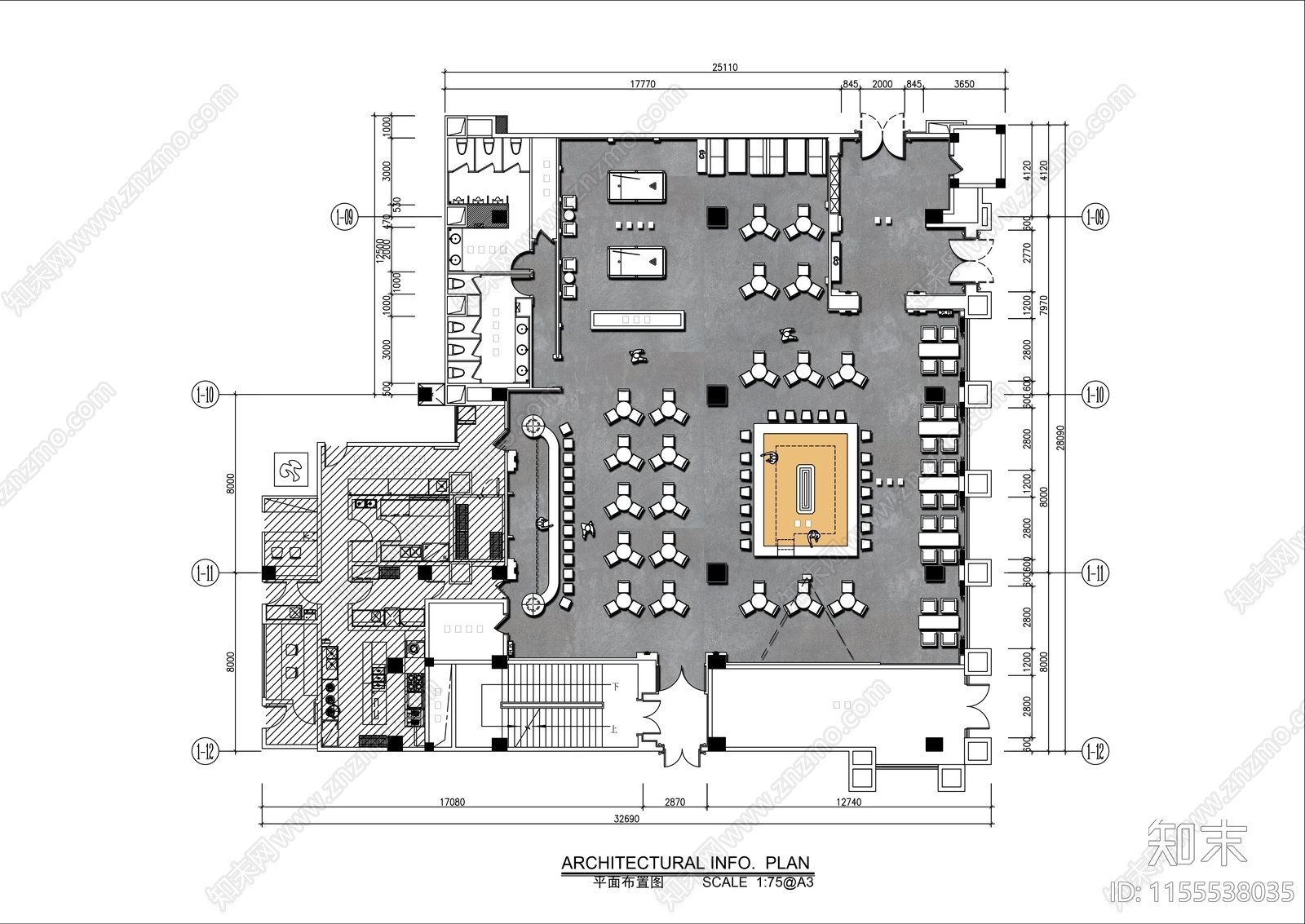 500㎡美式休闲娱乐酒吧平面布置图cad施工图下载【ID:1155538035】