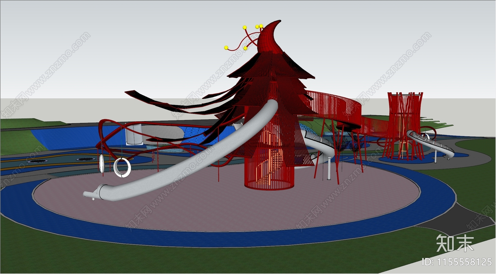 现代凤凰主题廊架滑梯组合游乐区SU模型下载【ID:1155558125】
