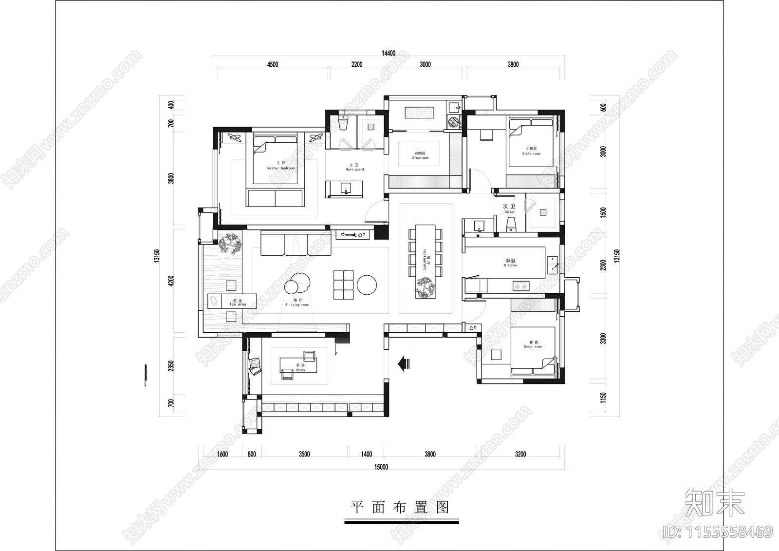 家装平面图cad施工图下载【ID:1155558469】