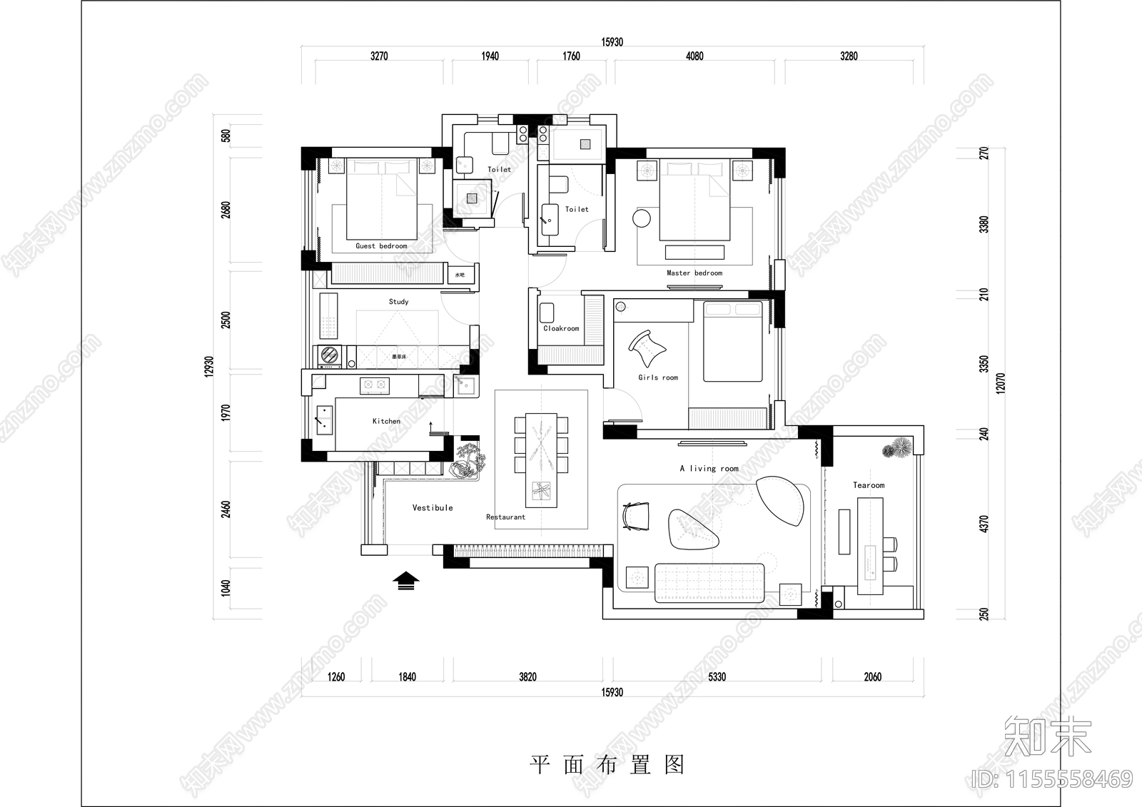 家装平面图cad施工图下载【ID:1155558469】